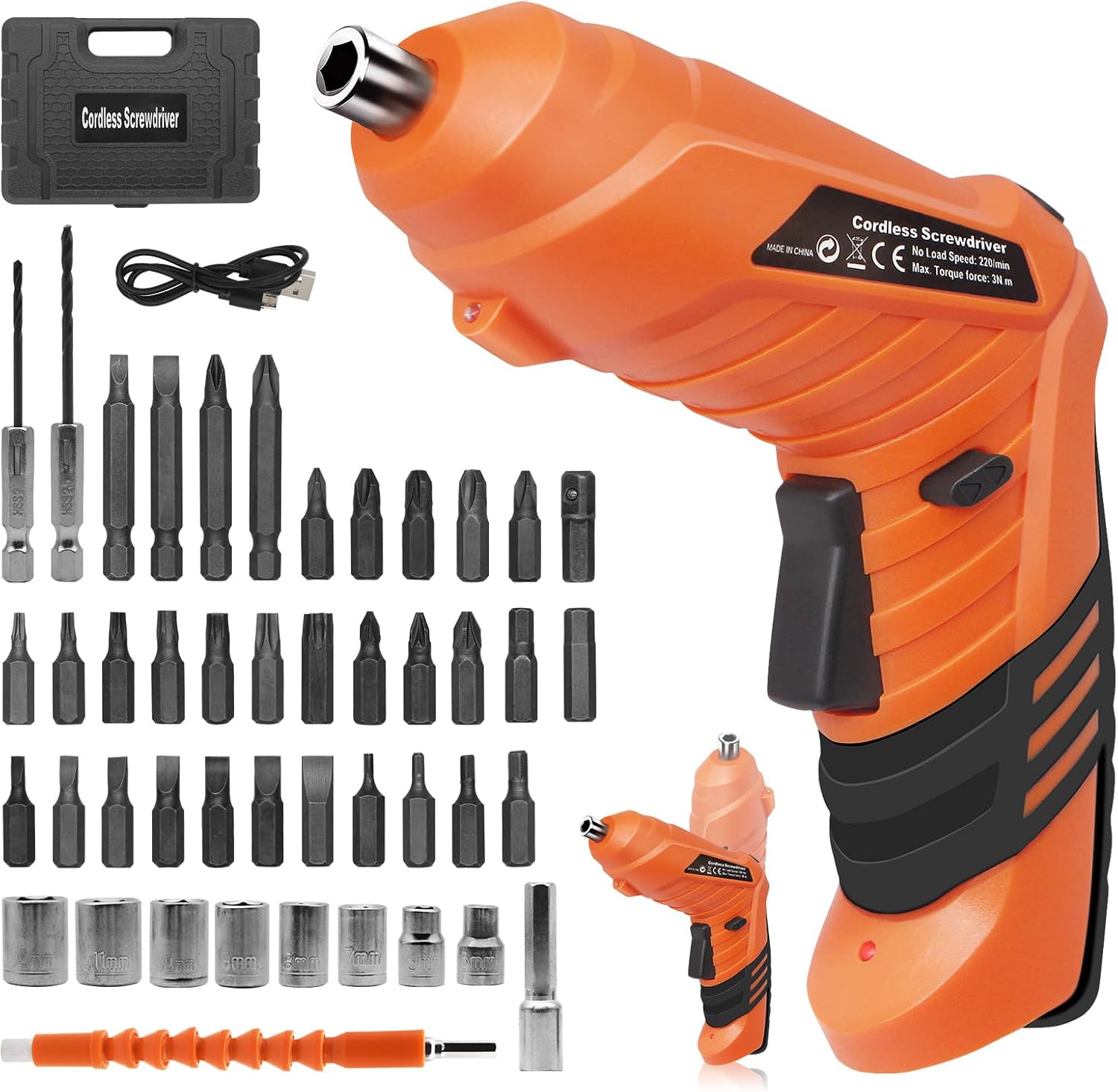 Electric Drill Screwdriver 49-in-1 Portable Cordless Set with LED Worklight and Rotatable Handle