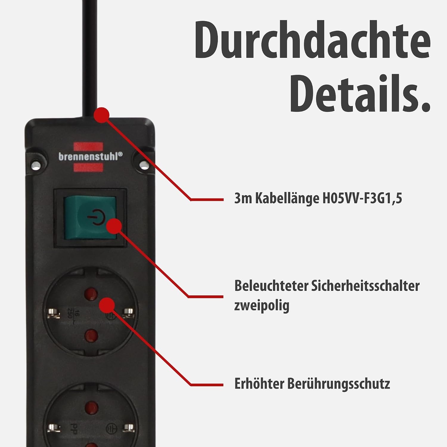 Detalle de Brennenstuhl Bremounta 6-Fach-Steckdosenleiste mit Schalter – sichere Wandmontage