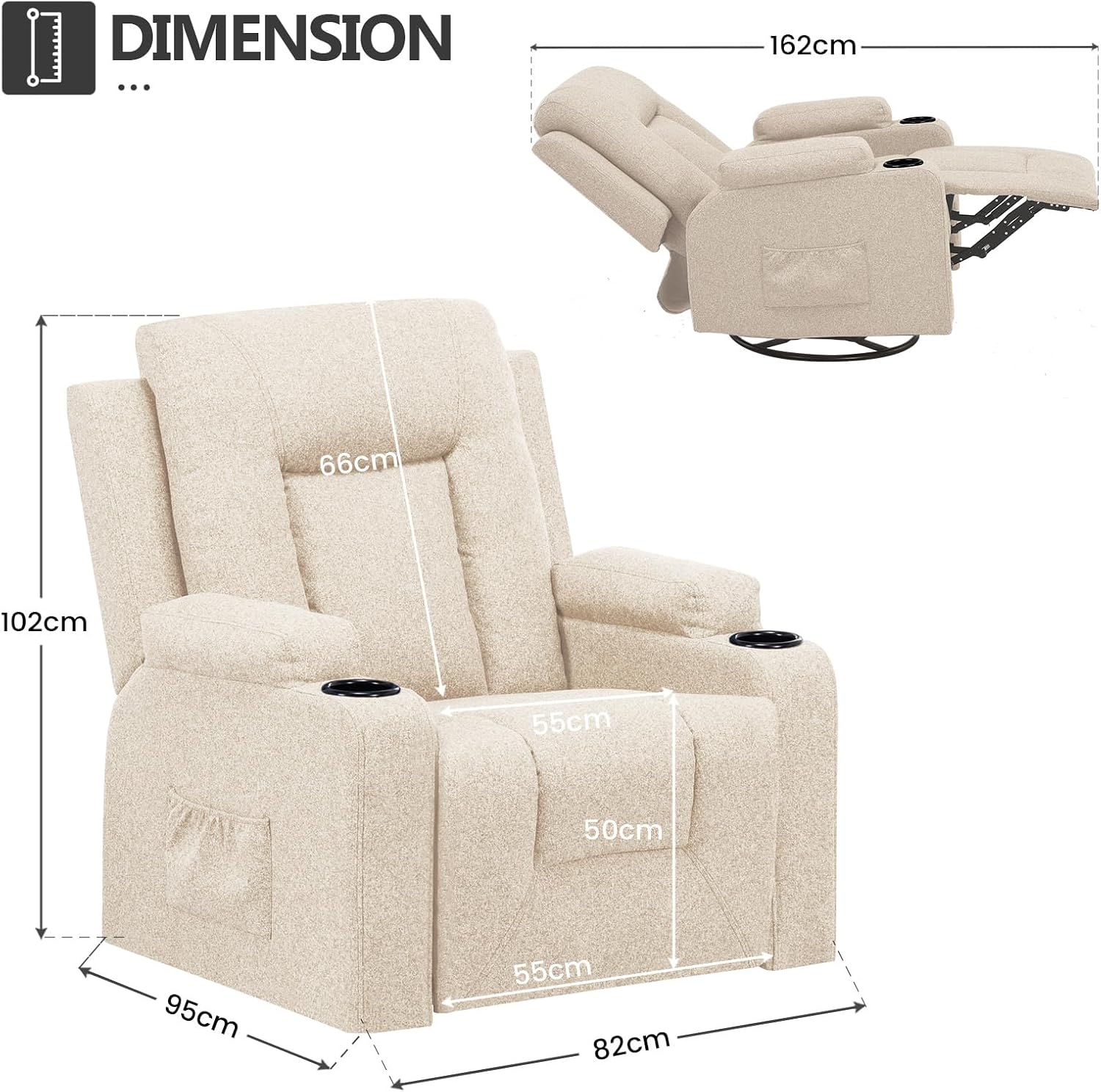 Thumbnail 1 de COMHOMA Fauteuil Relaxation en Tissu avec Inclinaison et Pivot 360° — Beige
