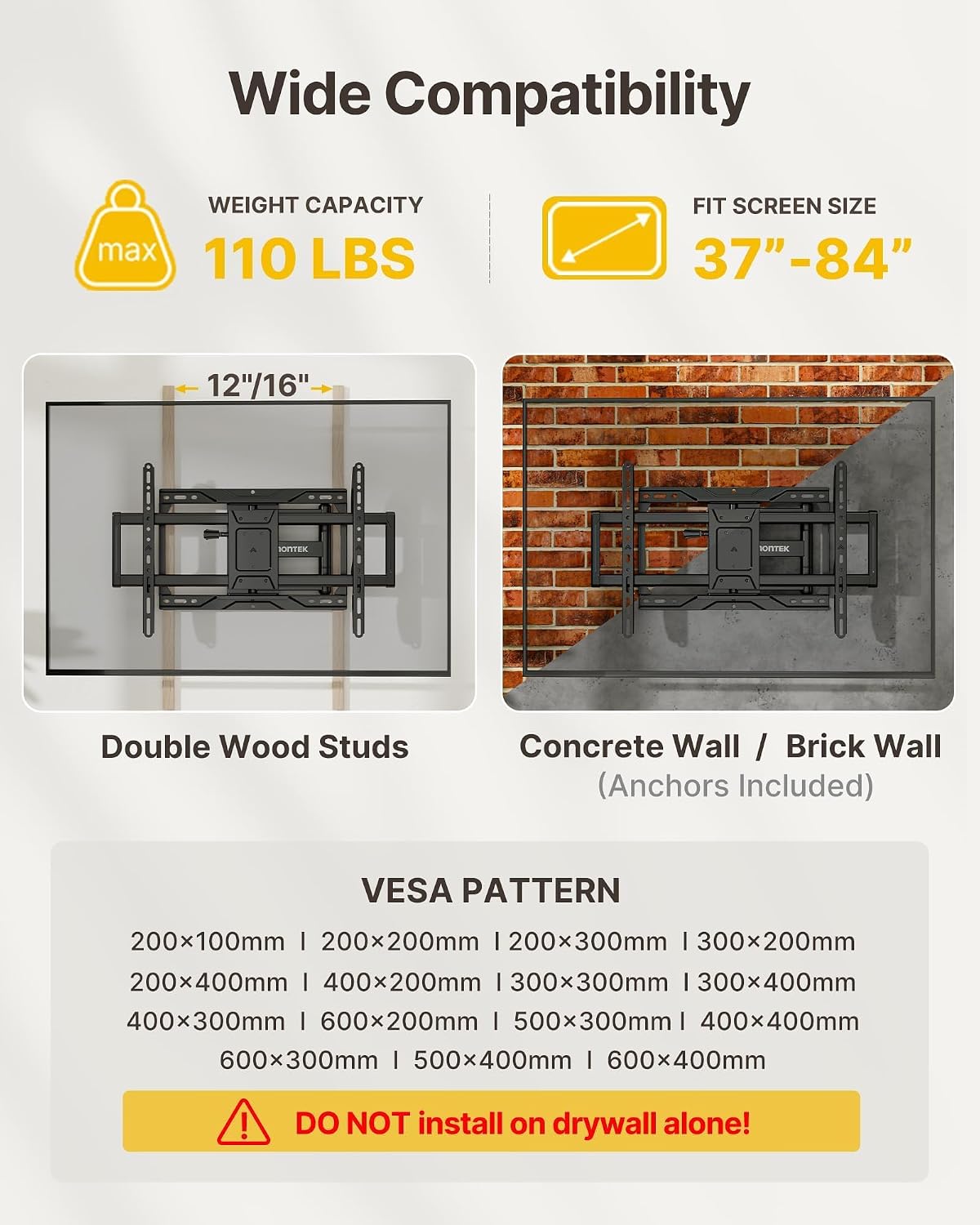 Detalle 2 de monTEK HW1272BK Full Motion TV Wall Mount for 37–84-Inch TVs