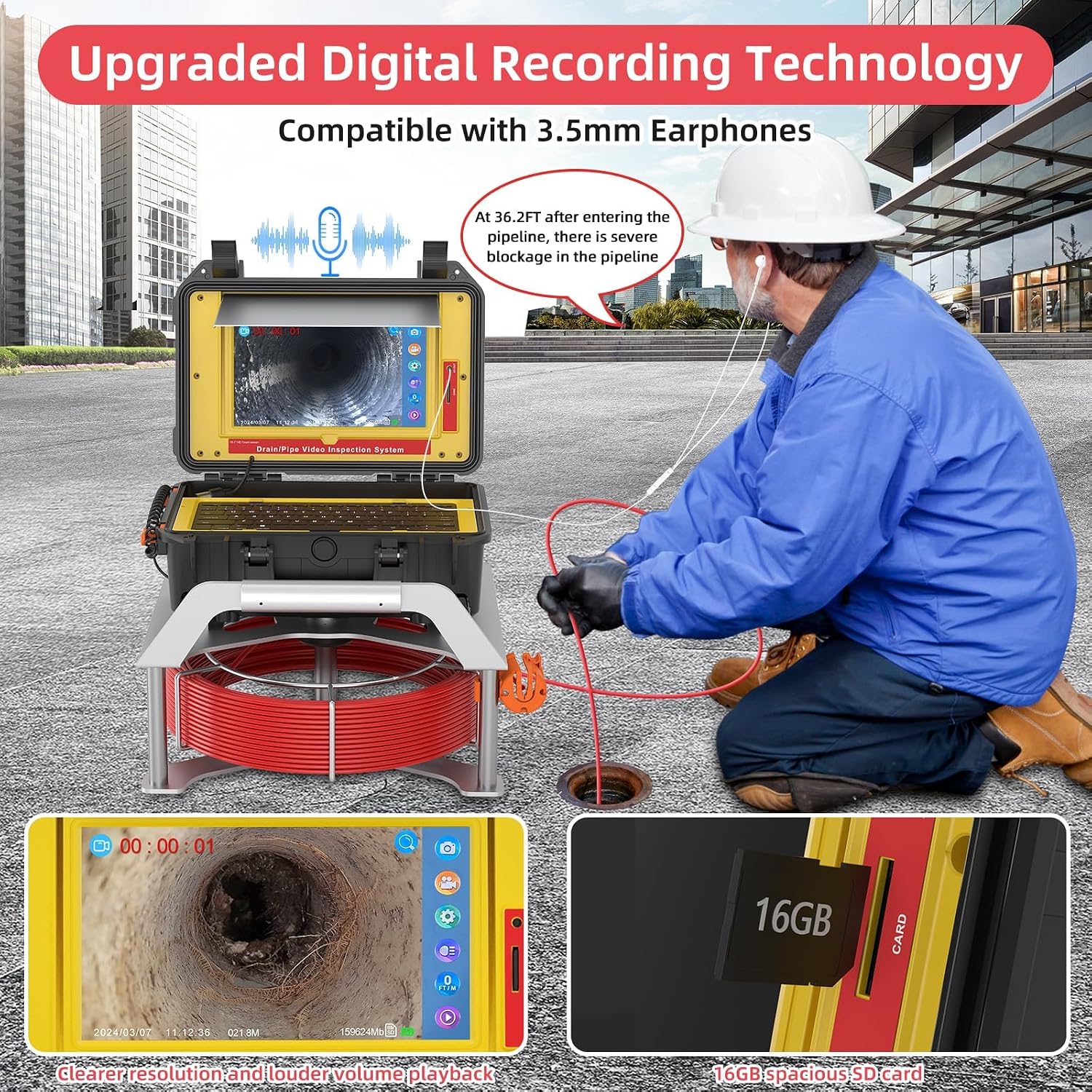 Thumbnail 2 de Drain Camera 50m and 512Hz Pipe Locator Set by Sanyipace – 10.1" Touchscreen, 1080p Self‑leveling Drainage Endoscope