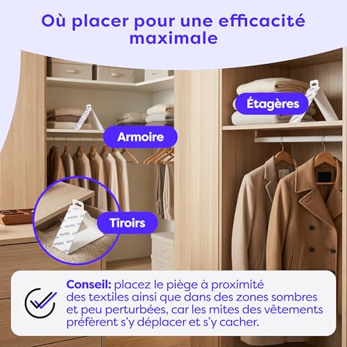 Detalle de Wolkenfeld Anti Mites Textiles pour Armoire et Vêtements avec Phéromone – 8 Pièges Adhésifs, Laine et Cachemire Protégés
