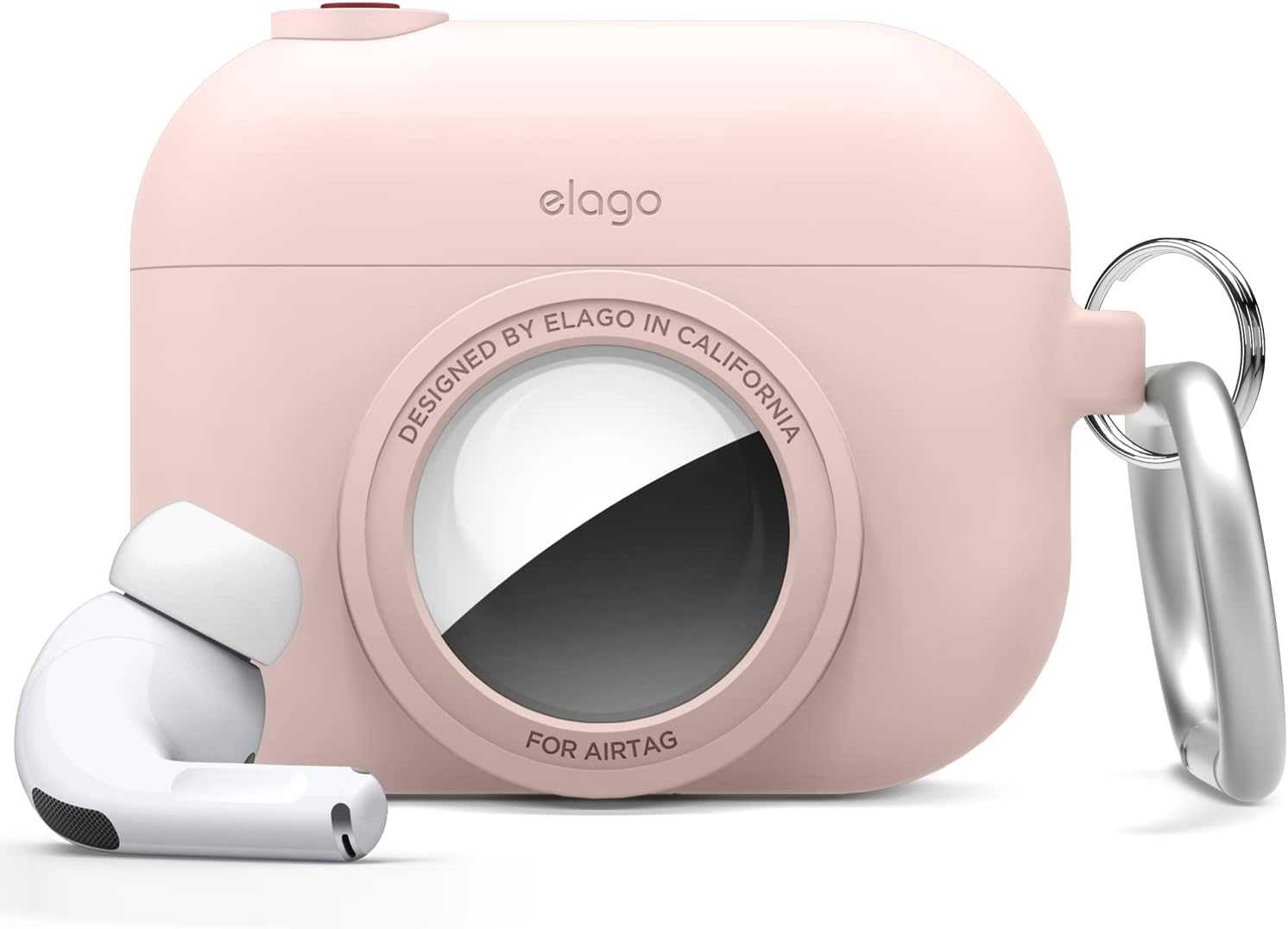 Detalle de elago Coque instantanée pour AirPods Pro avec emplacement AirTag et porte-clés (Rose des Sables) — design “appareil photo”