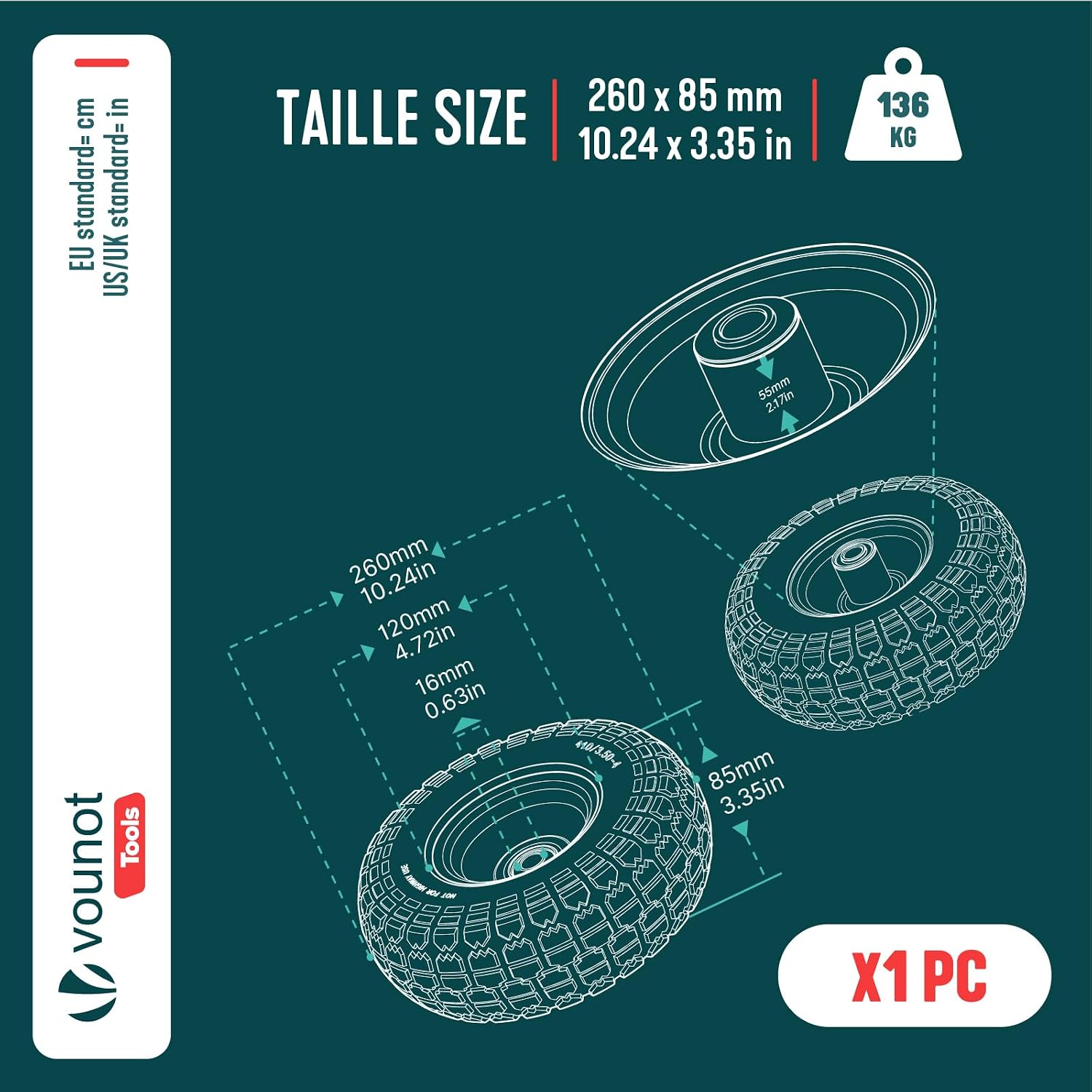Thumbnail 2 de VOUNOT 3.50-4 Solid PU Wheel, 260 x 85 mm, 16 mm Axle Bore