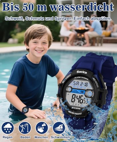 Thumbnail 4 de SOCICO Kinder Digitaluhr – wasserdicht bis 50 m, 7-Farben Nachtlicht, Stoppuhr & Alarm