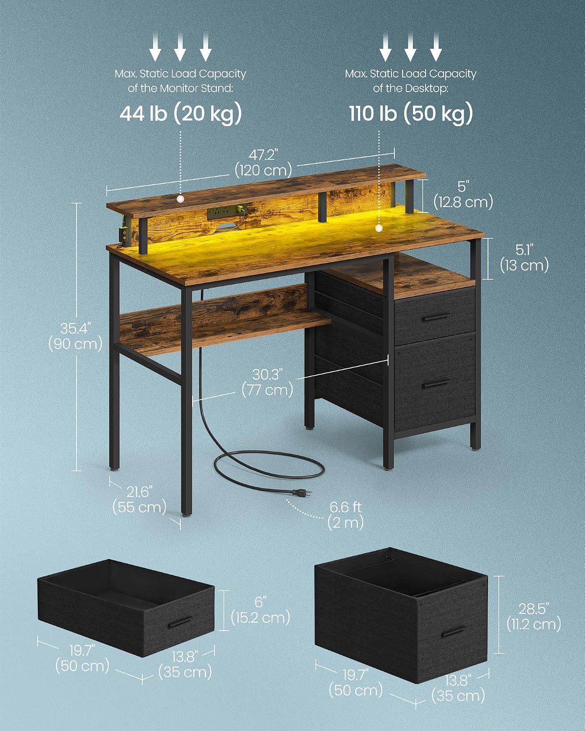 Detalle 1 de VASAGLE LWD093K02 computer desk with fabric drawers, monitor stand, LED lighting and built-in power outlets
