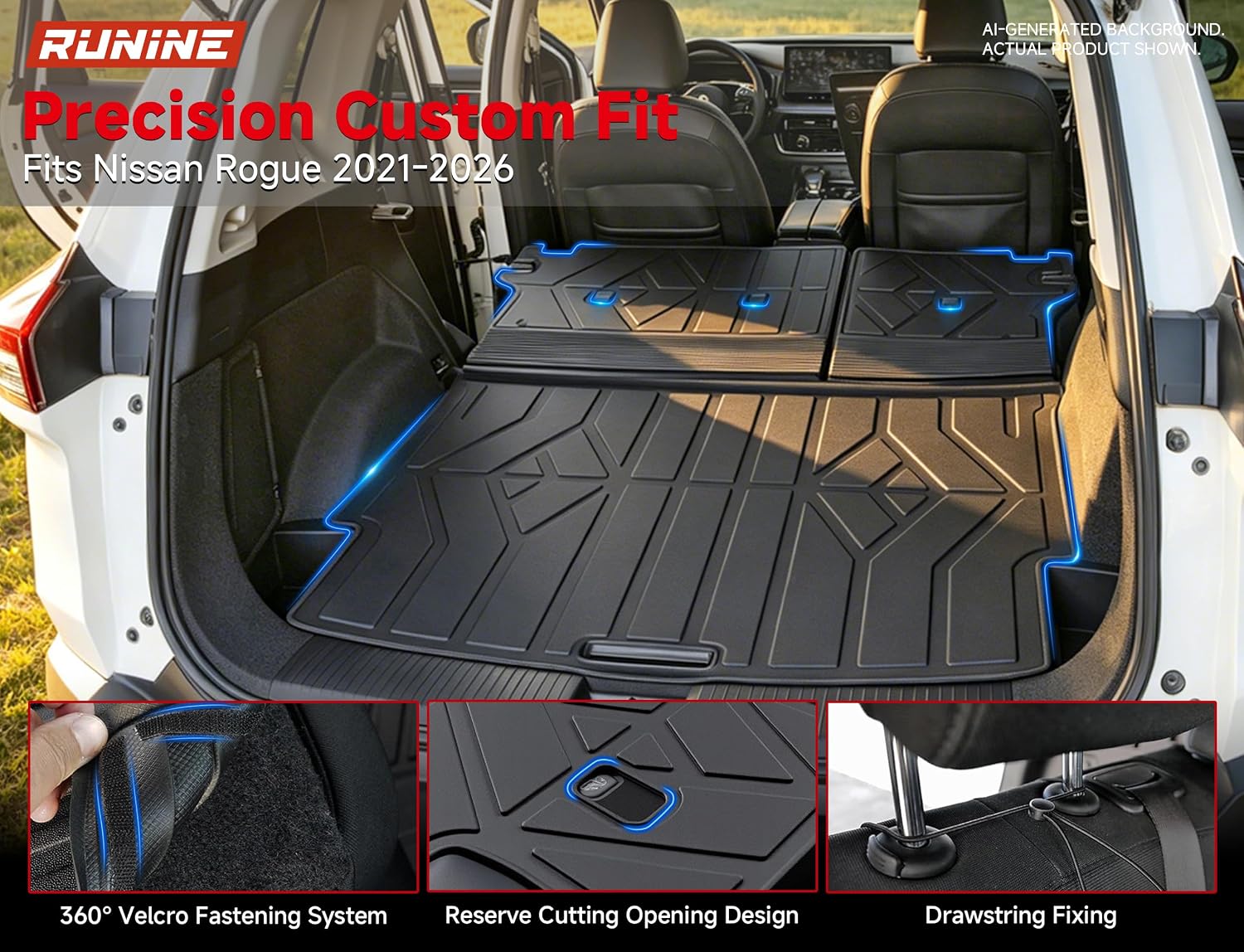 Thumbnail 3 de Runine Custom Fit All-Weather Floor Mats for Nissan Rogue (2021-2026, Not for Sport) with Windshield Cover and Trunk Mat