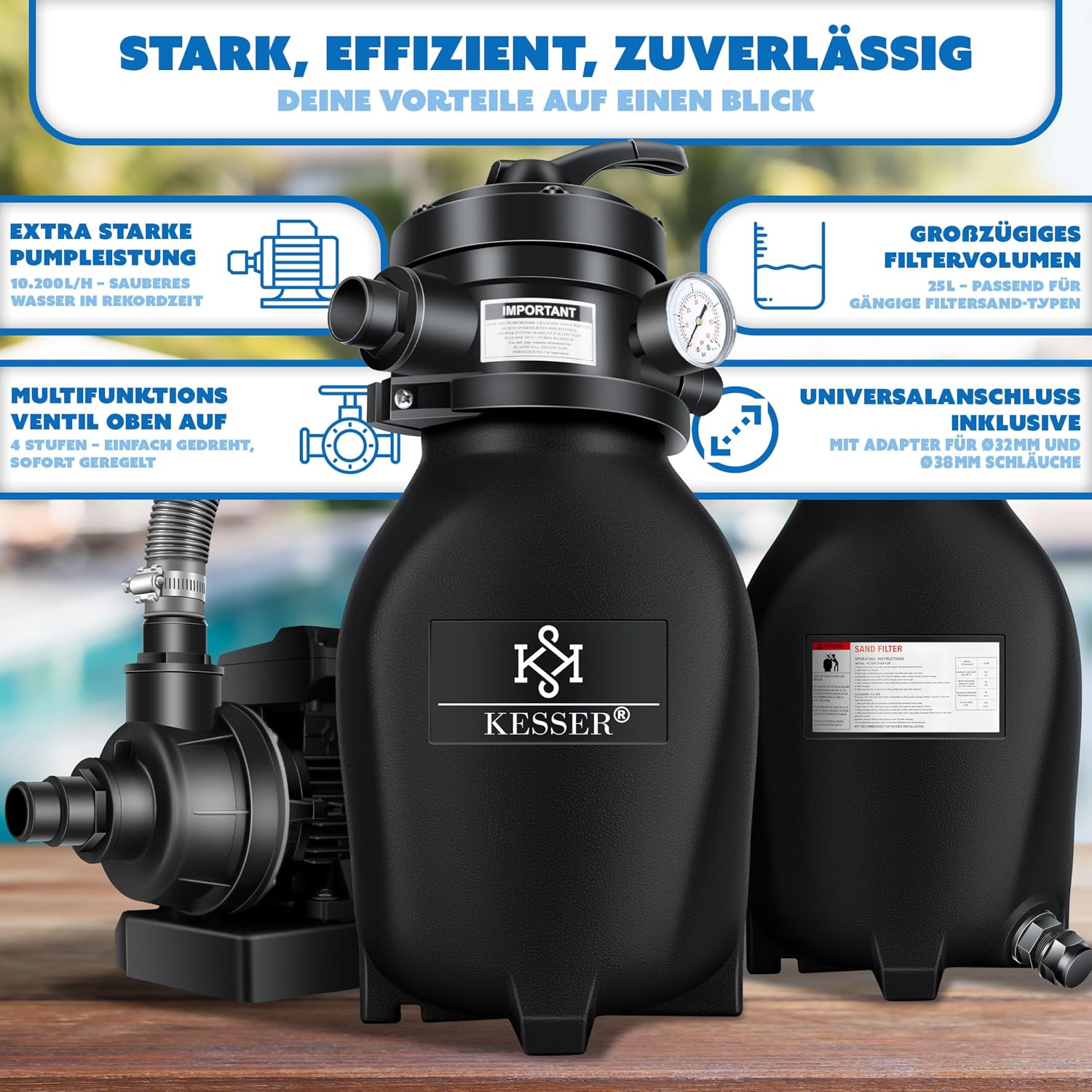 Thumbnail 6 de KESSER® Sandfilteranlage Sandfilteranlage+ (bis zu 20 kg Sand) mit 4-Wege-Ventil, 800 g Filterbälle – für Pools bis 10 m³/h
