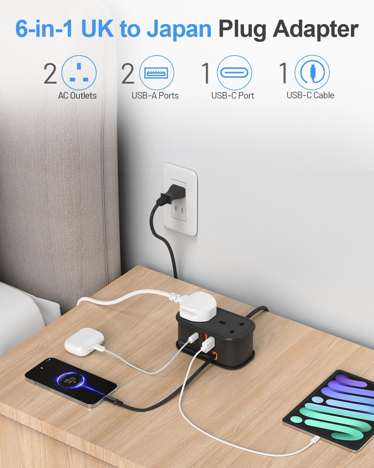 Thumbnail 1 de FDTEK UK to Japan Plug Adapter with 1.5M Extension Cable and Retractable USB-C (2 UK outlets + 3 USB)