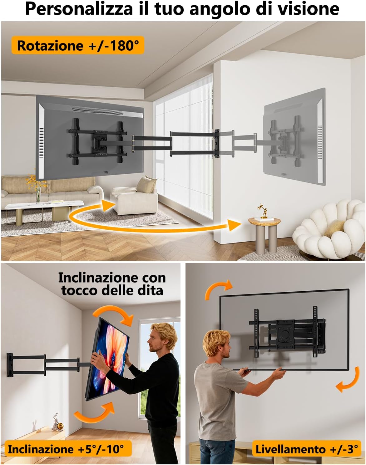 Thumbnail 4 de WHYFONE Supporto TV a parete con braccio extra lungo 1016 mm fino a 45 kg, girevole e inclinabile 37–75