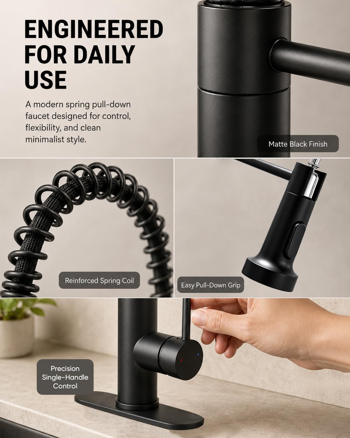 Thumbnail 5 de OWOFAN 9009R-A Pull-Down Kitchen Faucet, Matte Black, 360° Swivel