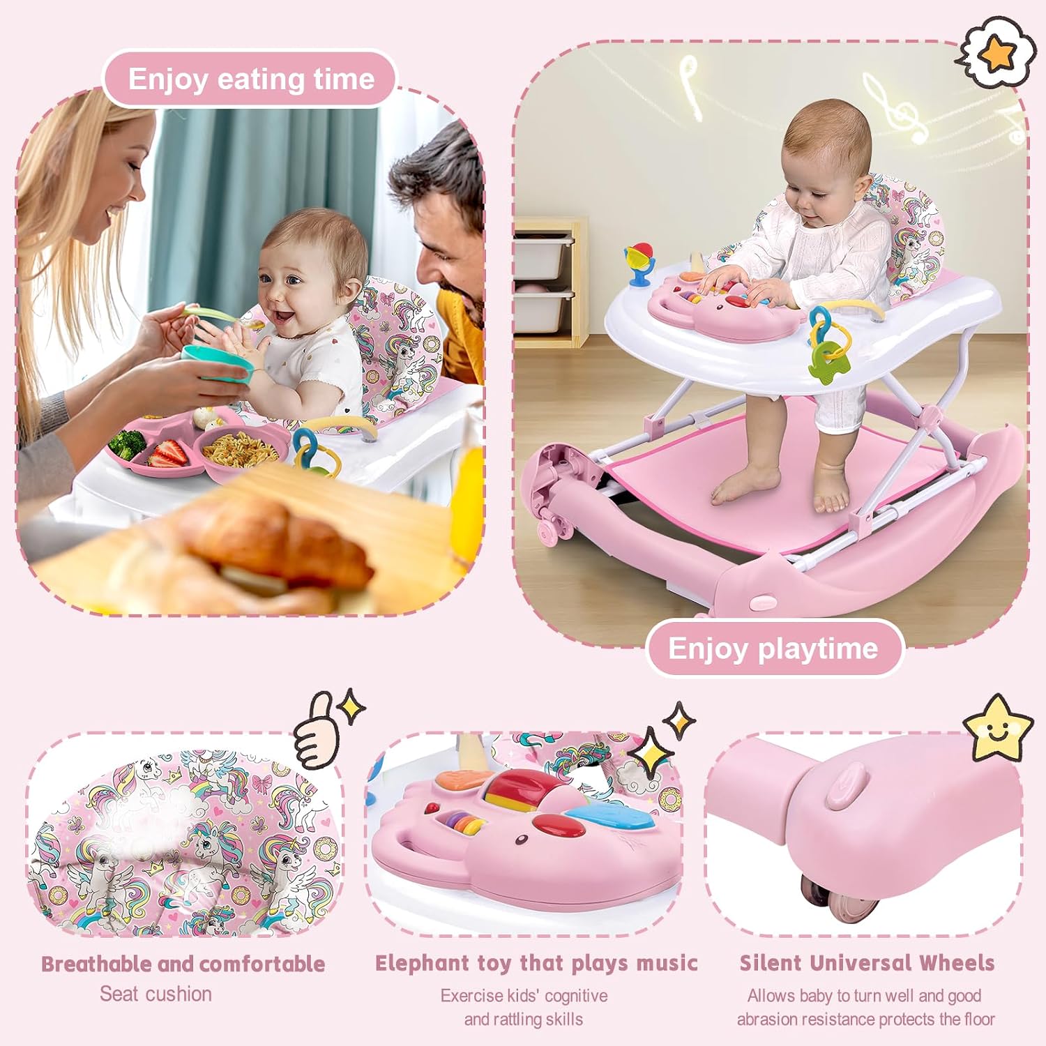 Detalle de Howeemo 5-in-1 Foldable Baby Walker with Adjustable Height and Rear Wheels