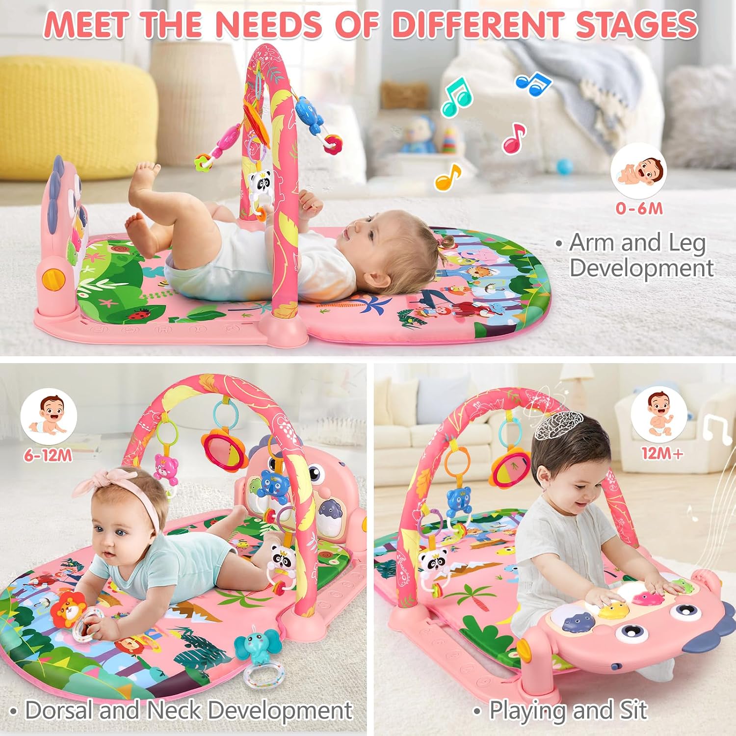 Detalle de UMIKU Pink Dinosaur Baby Play Gym Mat with Musical Piano and Activity Toys