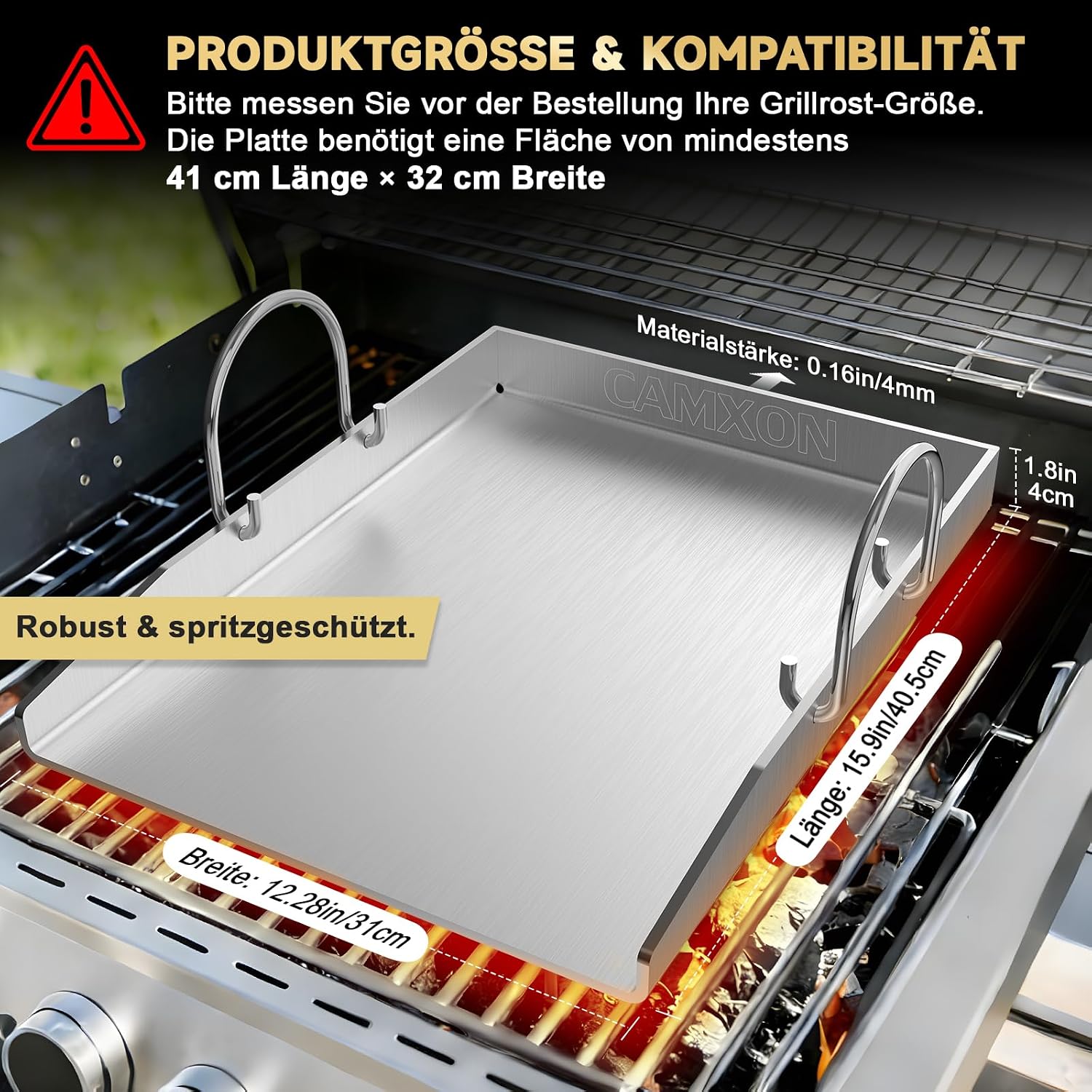 Thumbnail 6 de Camxon Universelle Edelstahl Plancha Grillplatte 40.5×31 cm – 5 mm, Fettablauf, spülmaschinenfest inkl. Spachteln