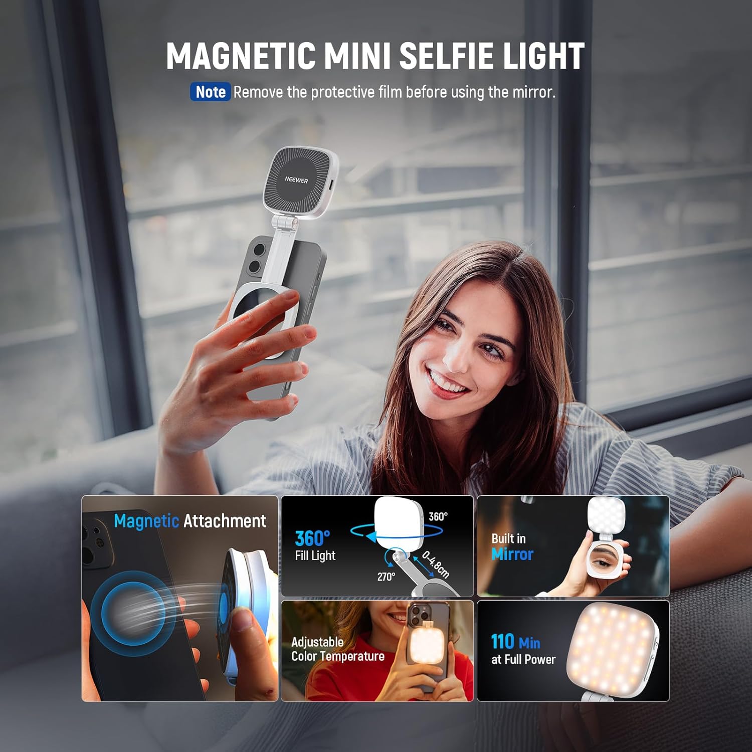 Thumbnail 2 de NEEWER BASICS Magnetic Selfie Light (NL48B) with MagSafe Compatibility, Mirror & CRI 95