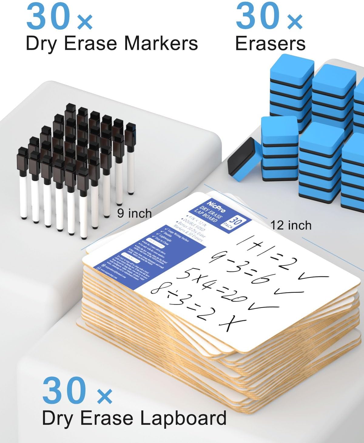 Detalle de Nicpro 30 Pack Dry Erase Mini Whiteboard A4 (22 x 30 cm) – Double Sided Lapboards with Pens & Erasers