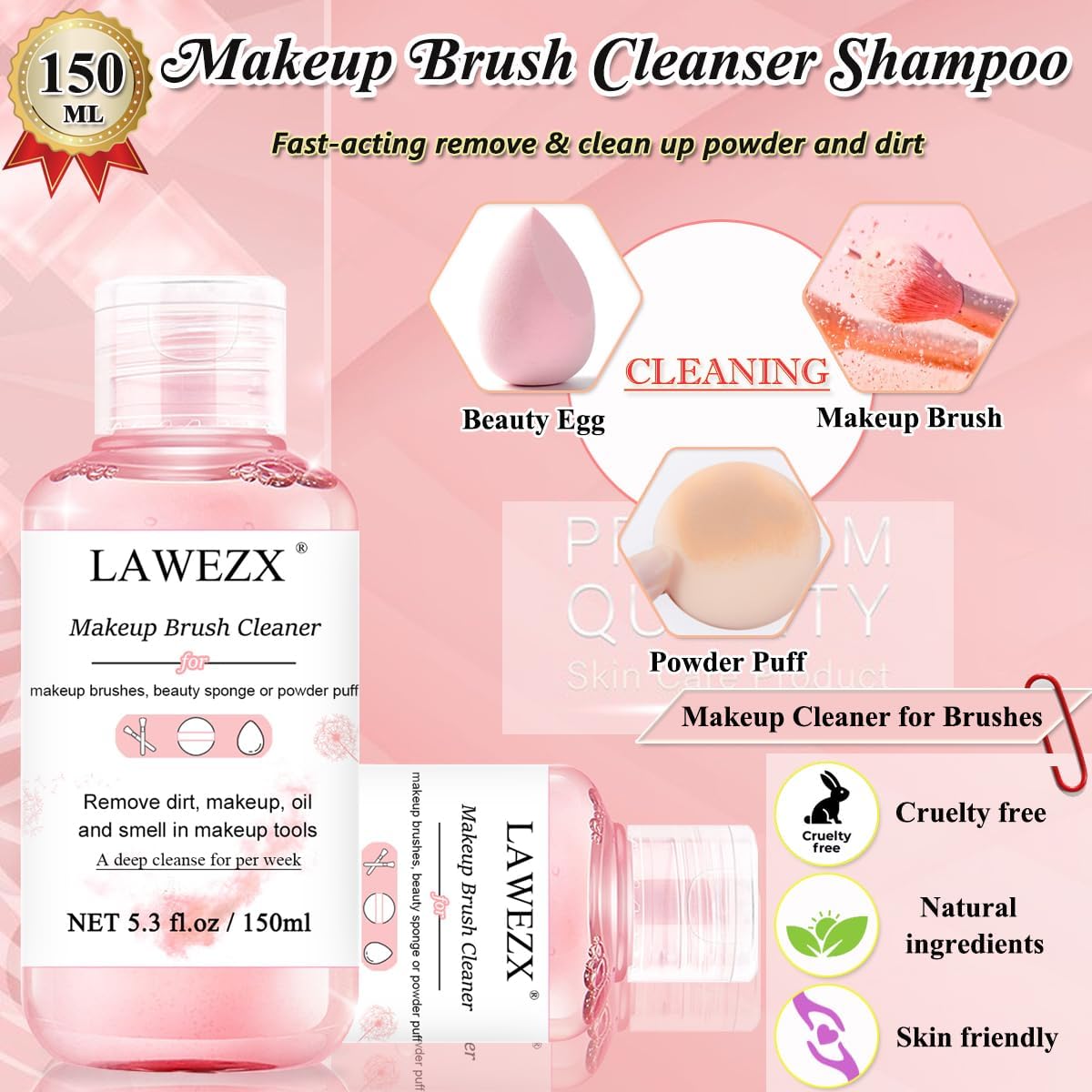 Thumbnail 3 de LAWEZX Nettoyant Pour Pinceau de Maquillage 150 ml – Nettoyant doux et efficace pour pinceaux et éponges