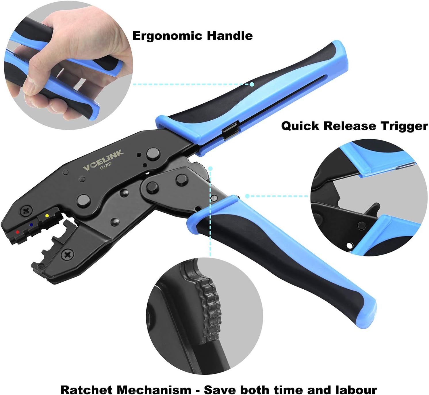 Thumbnail 2 de VCELINK GJ707 ratchet wire crimping tool for insulated electrical connectors (22–10 AWG)