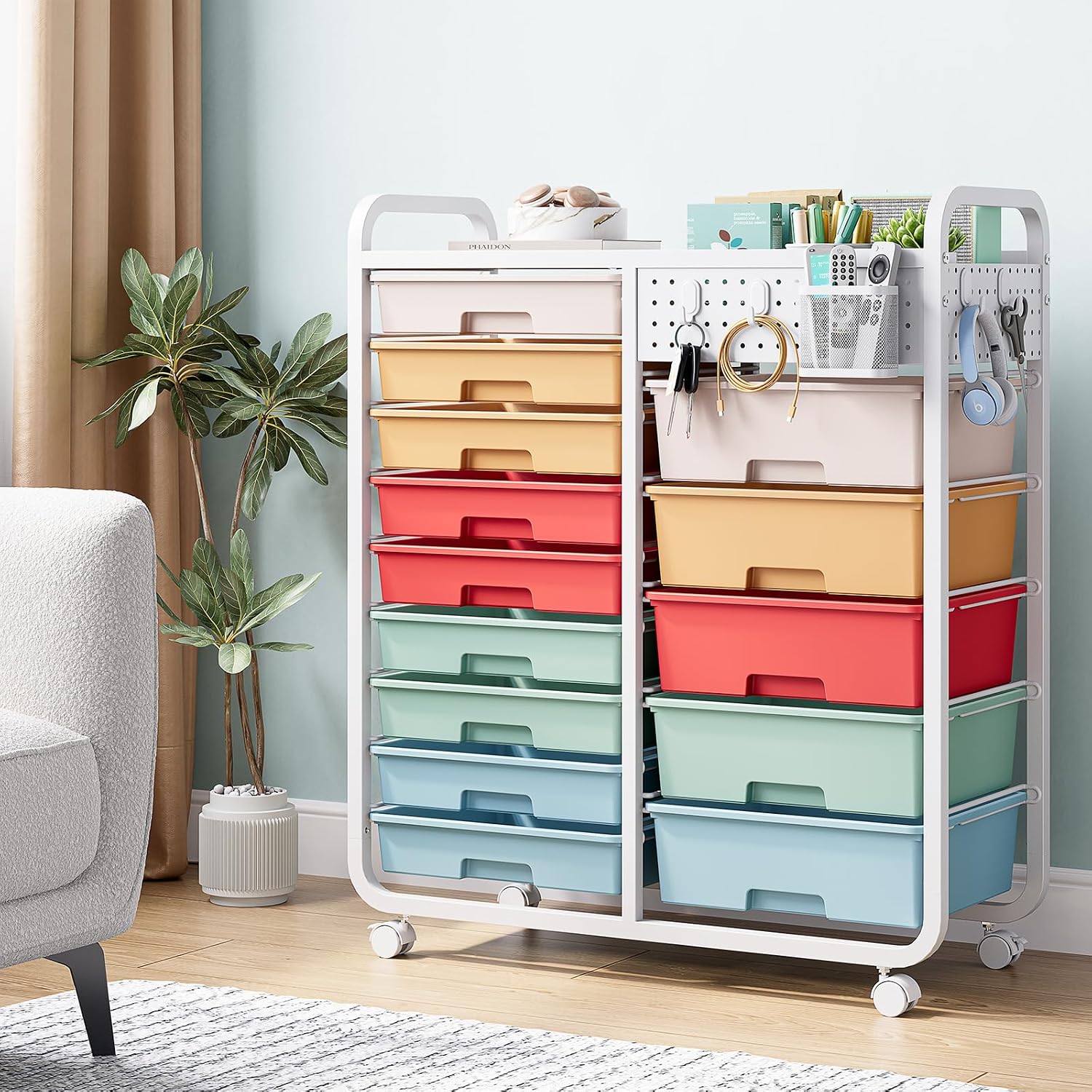 Detalle de SYKIARIOL 14-Drawer Storage Craft Organizer Trolley with DIY Pegboard – Multicolour