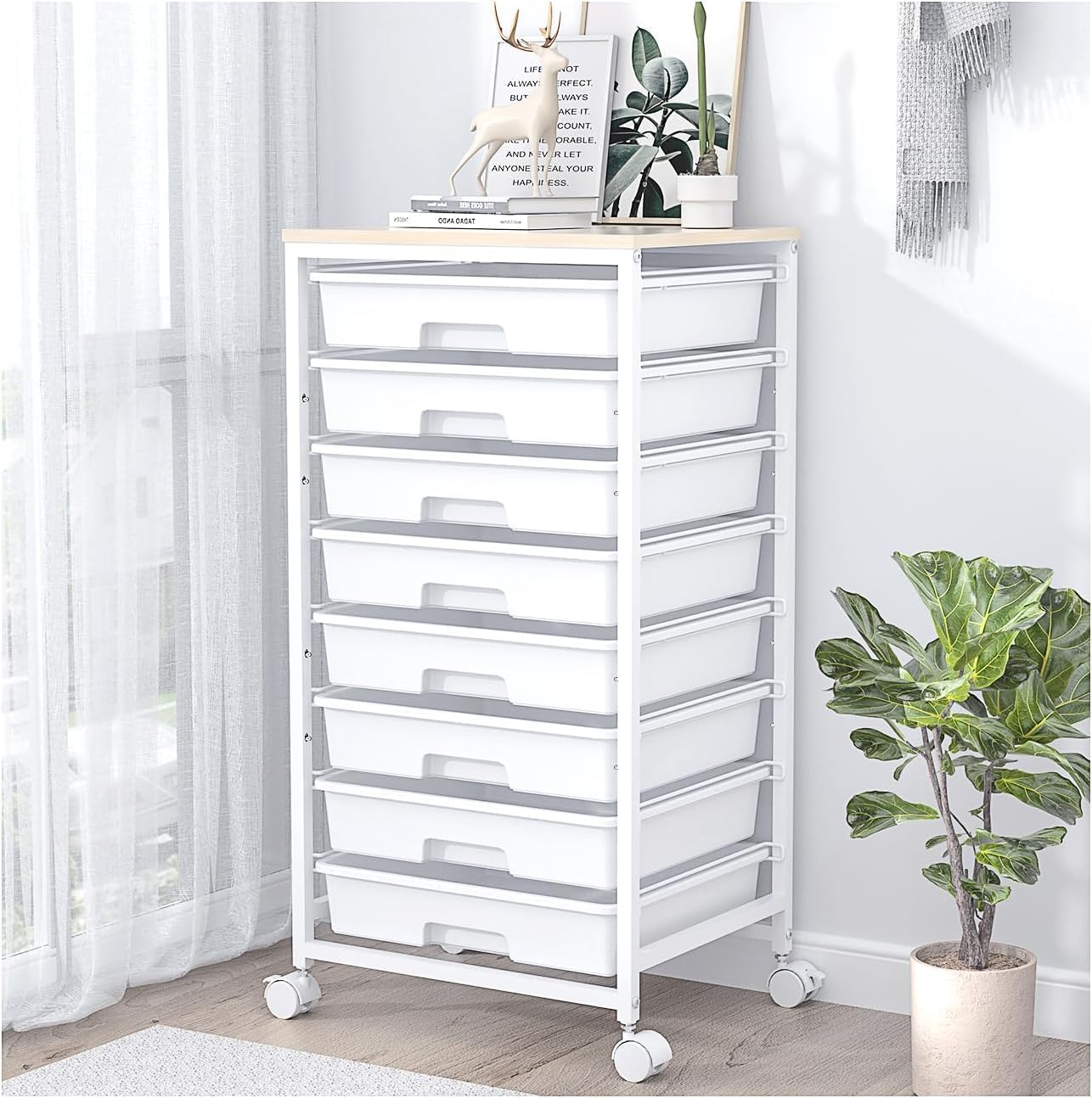 Detalle de SYKIARIOL 1250-W 8-Drawer Utility Cart with Wooden Top and Locking Wheels