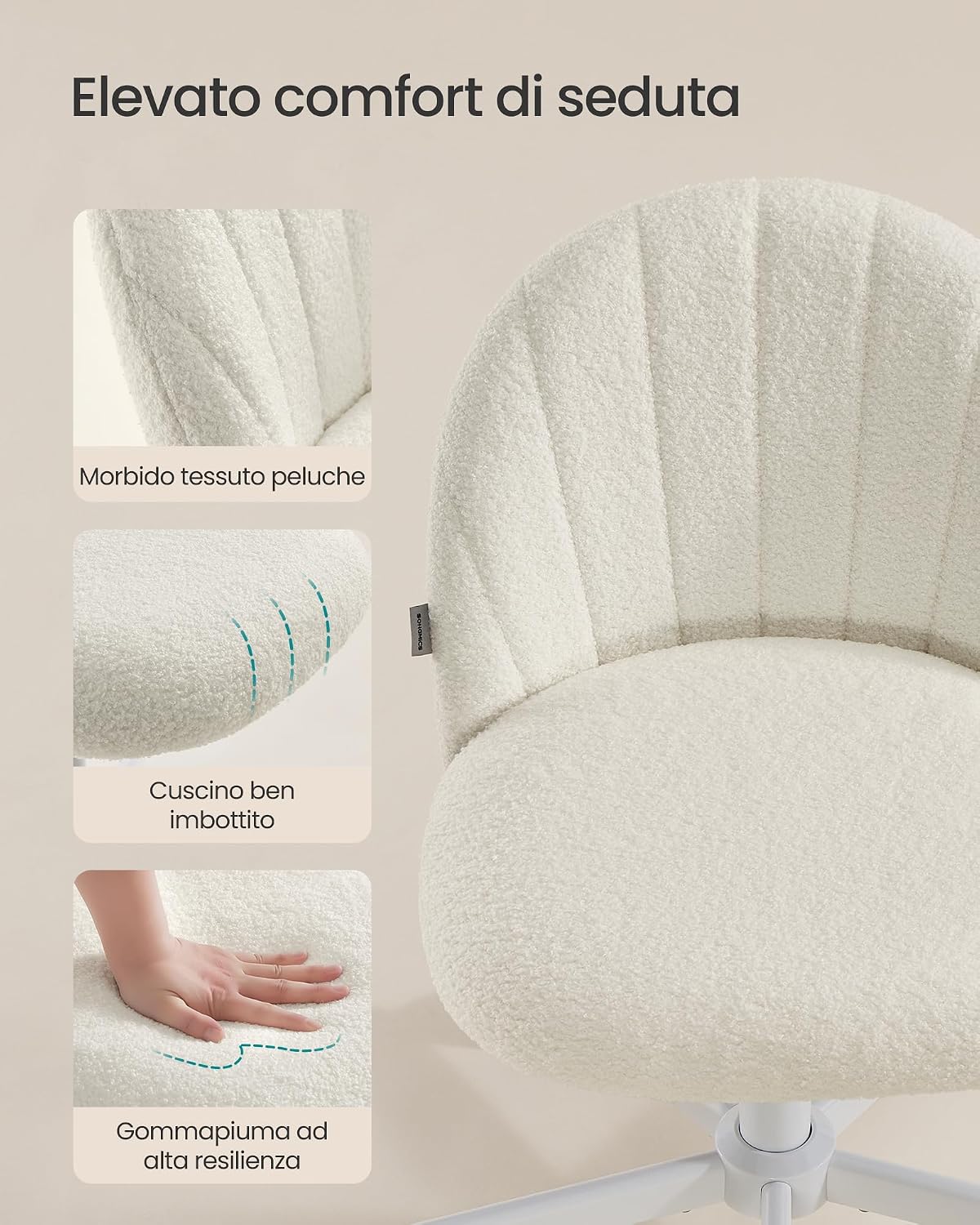 Detalle de SONGMICS OBG027WD01 sedia da ufficio in tessuto peluche regolabile in altezza (bianco crema)
