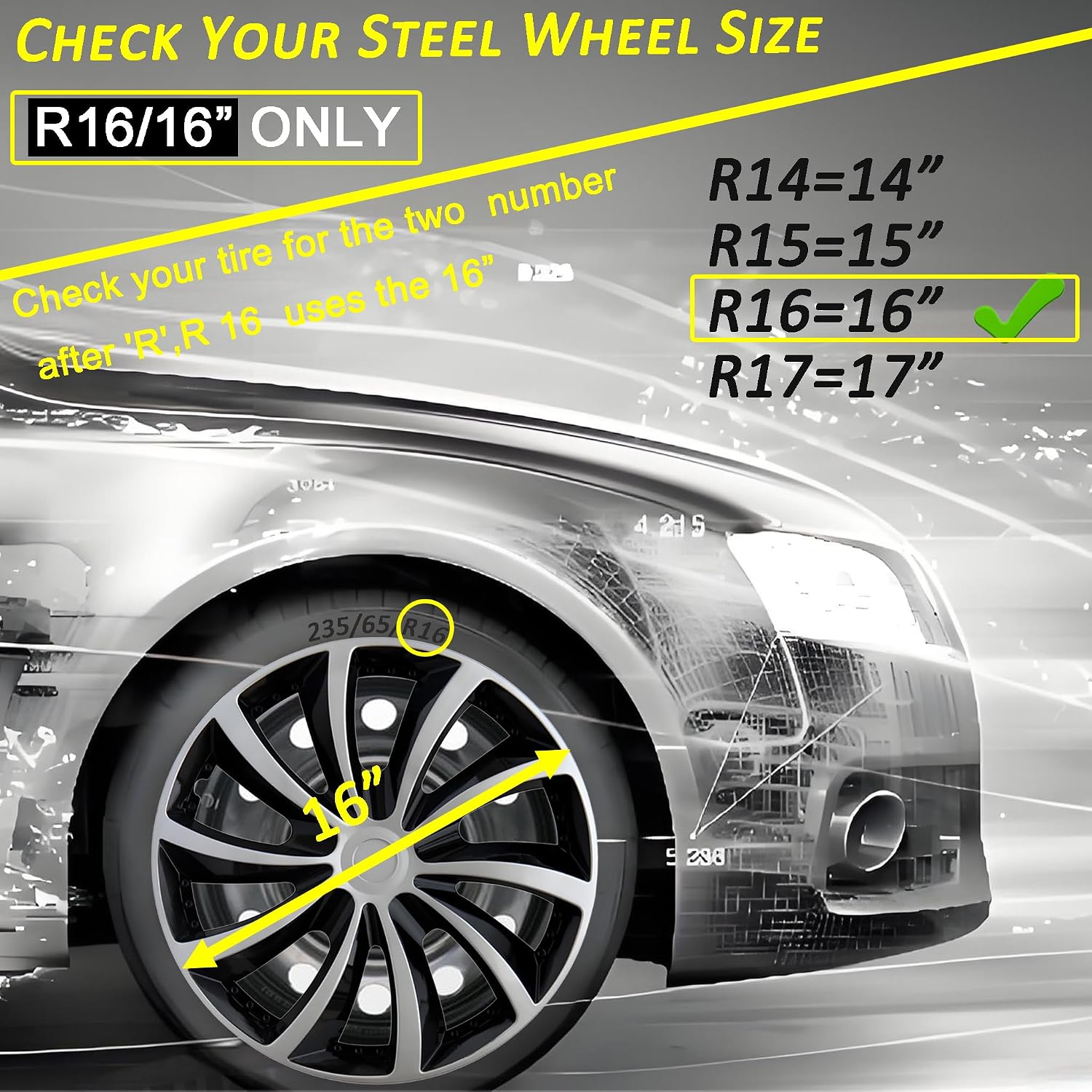 Thumbnail 1 de Hubcap Wheel Cover Replacement R16 – Universal Fit for 16" Steel Wheels (Set of 4, Silver-Black)