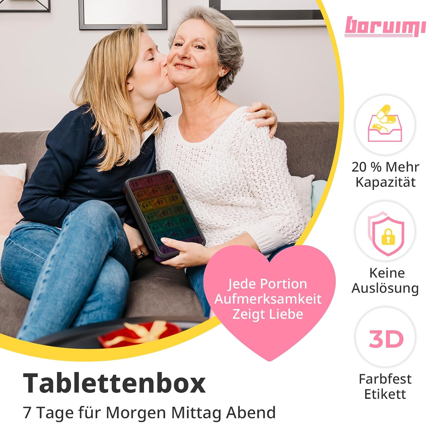 Detalle 2 de Doruimi Tablettenbox für 7 Tage mit 3 Fächern (Morgens/Mittags/Abends) – rosa, kompakt