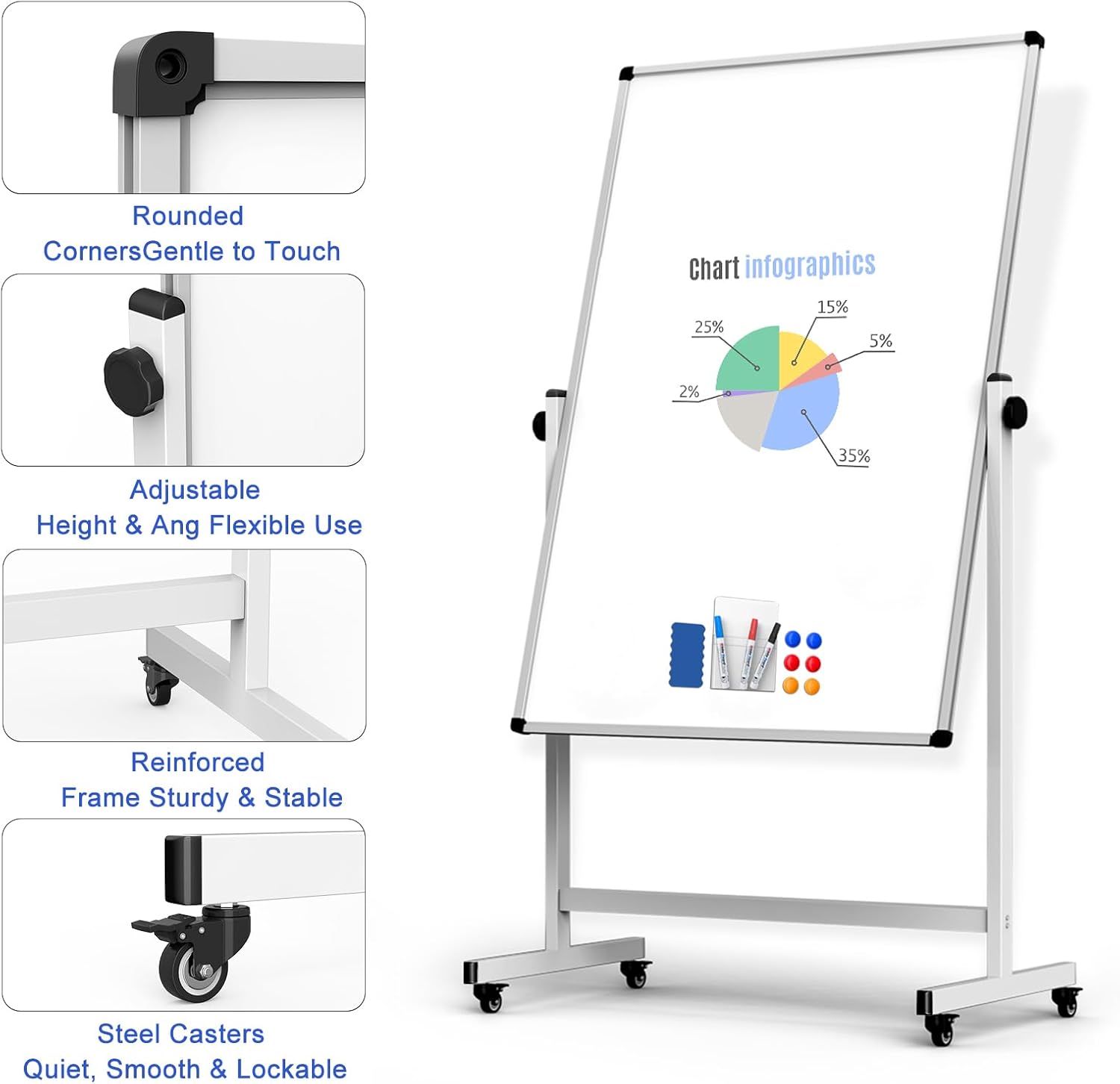 Detalle de WOREEY 48x32 Rolling Whiteboard, Double-Sided Magnetic, Height Adjustable