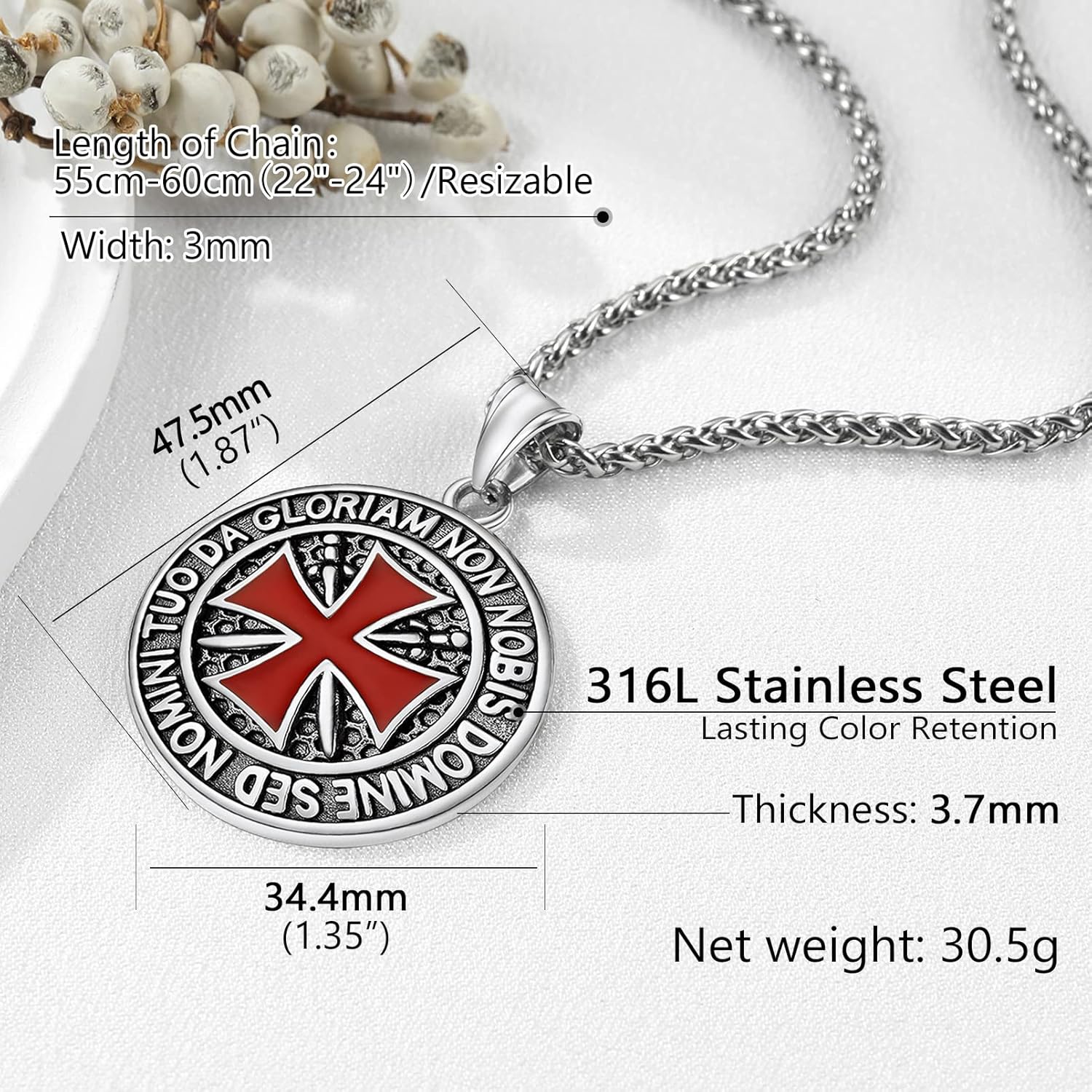 Thumbnail 3 de PROSTEEL Collier homme pendentif croix templière personnalisable en acier inoxydable 316L