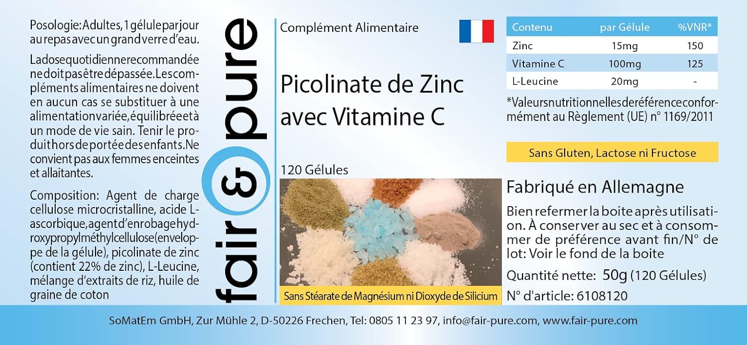 Detalle 2 de Fair & Pure Zinkpicolinat 15 mg mit Vitamin C – 120 Kapseln, vegan & schluckfreundlich