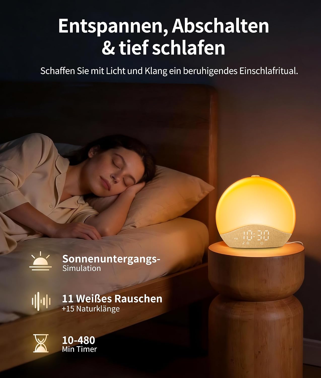 Detalle de ecozy Tageslichtwecker – Sonnenaufgang, Bluetooth-Zeitsynchronisierung und 17 Lichtfarben