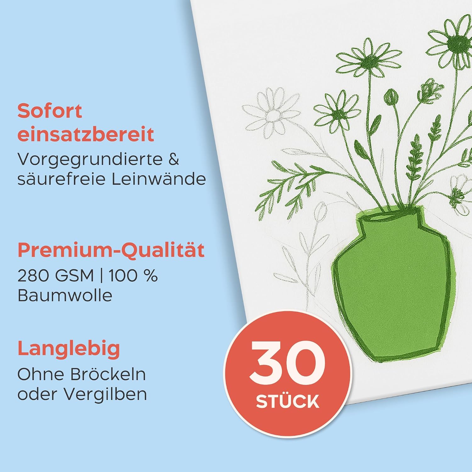 Detalle 2 de Zenacolor Leinwand zum Bemalen Set (30 Stück) – 3 Größen, 100% Baumwolle, für Acryl & Öl