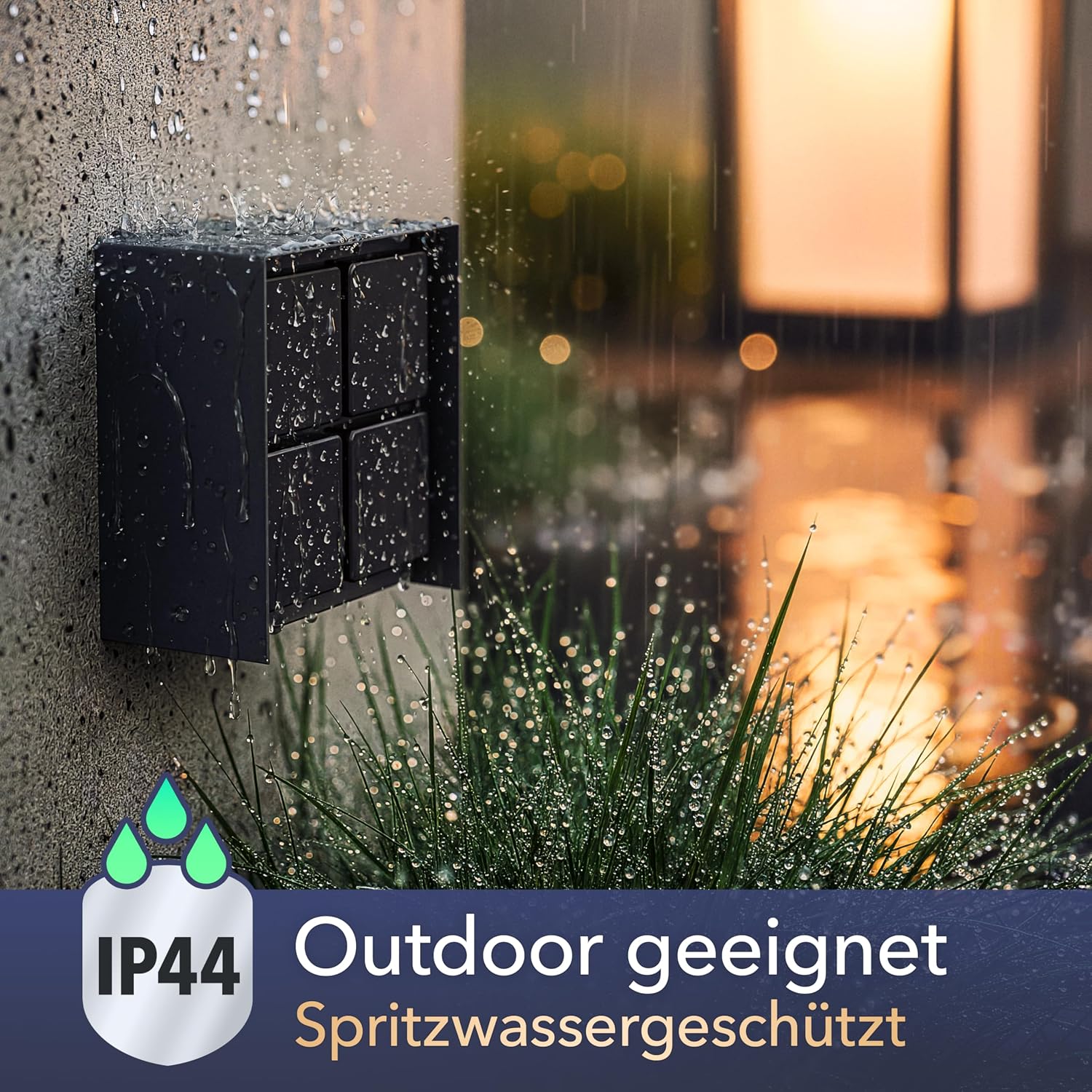 Detalle de LEDscom.de Außensteckdose 4-fach STEDDA – IP44, Edelstahl schwarz quadratisch