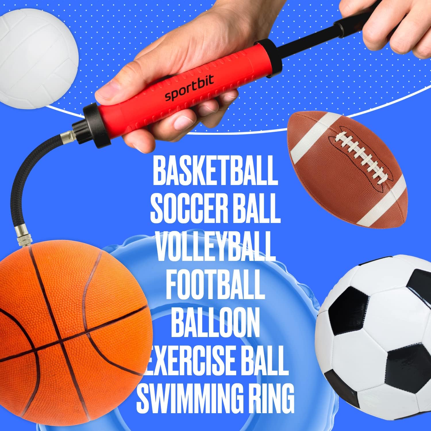 Detalle 1 de SPORTBIT Basketball Pump, Red Plastic Hand Pump with Extension Hose and Ball Accessories