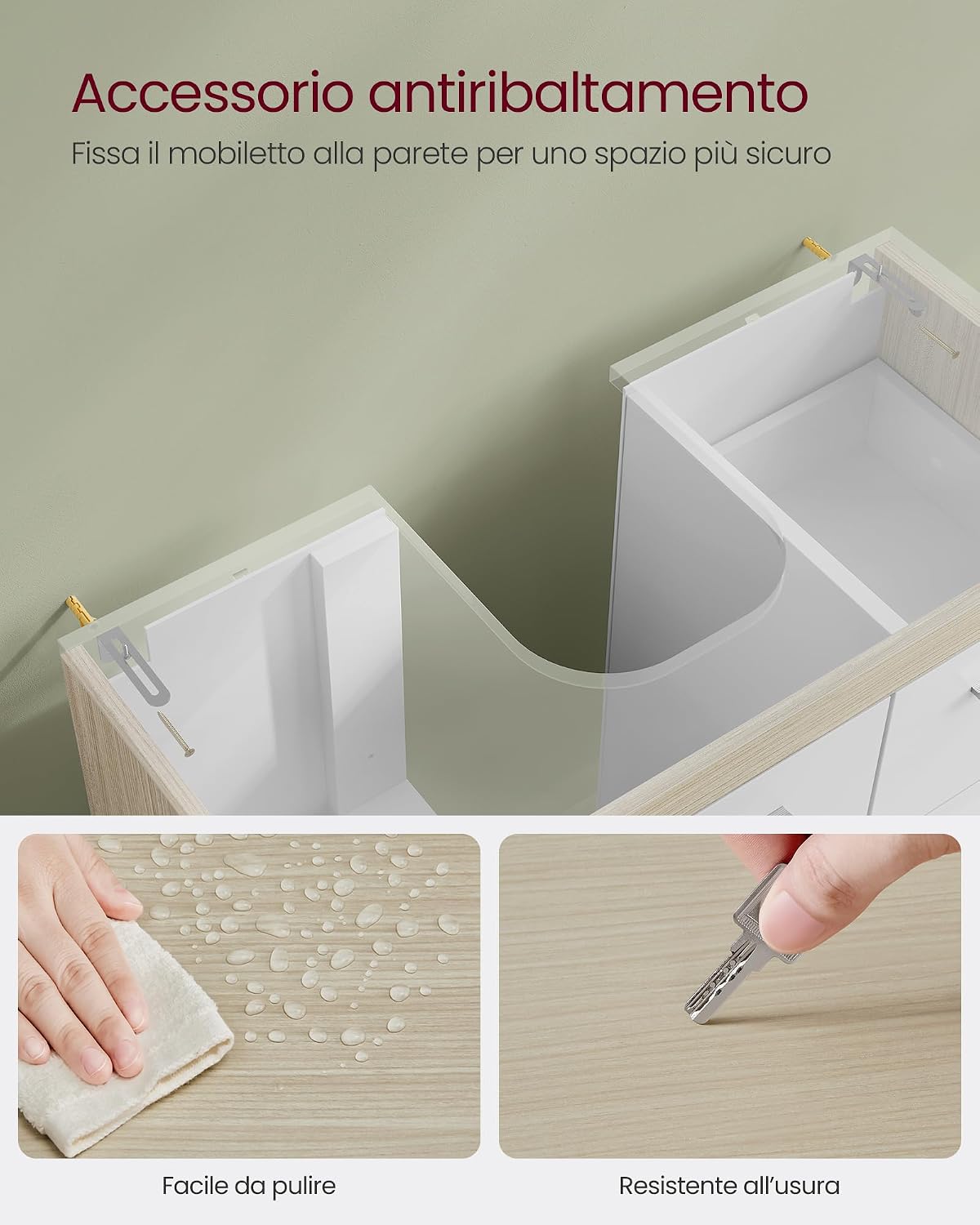 Thumbnail 6 de VASAGLE Mobile sottolavabo BBK504K01 con 3 cassetti laterali e 2 vani dietro anta (30 x 70 x 64 cm) bianco e beige