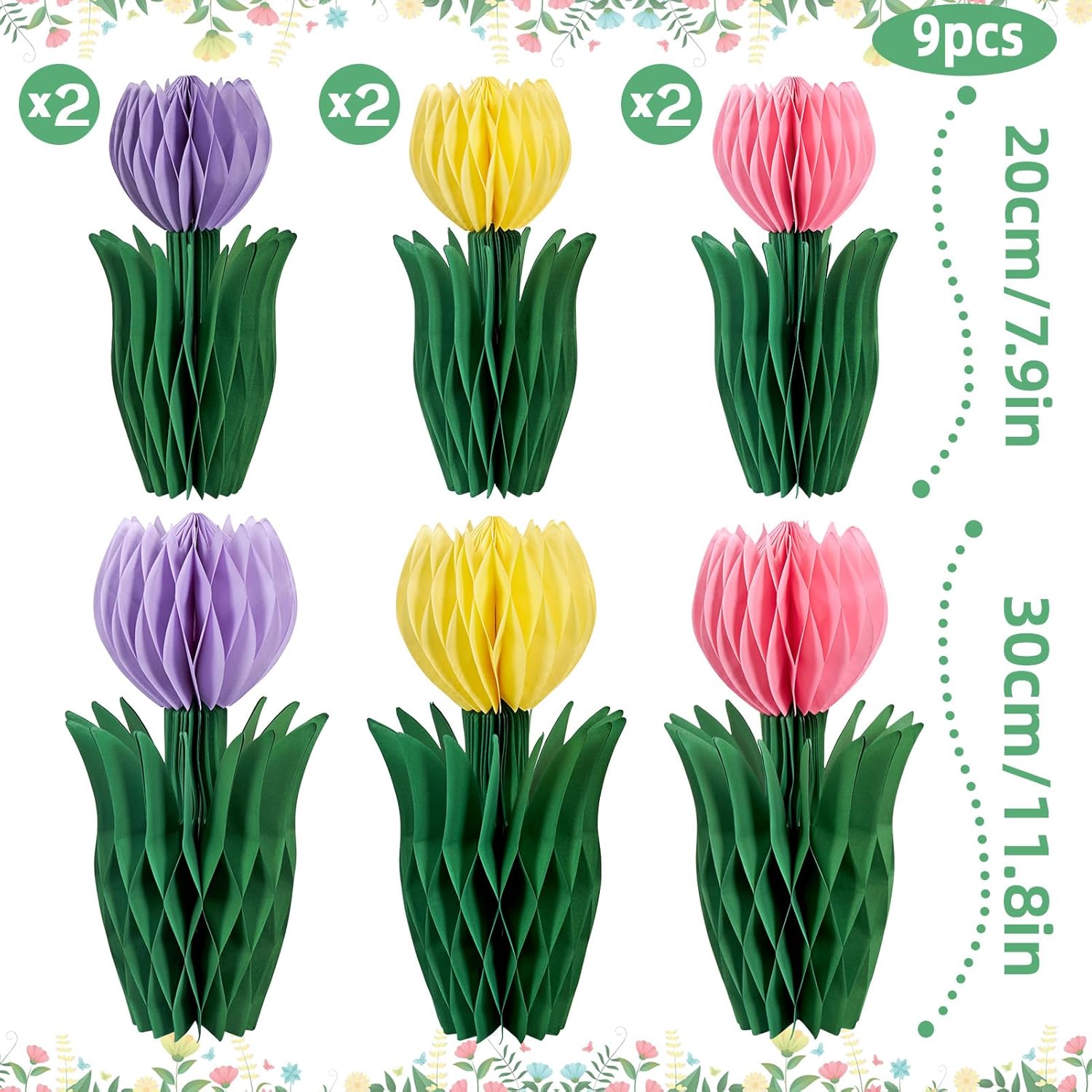 Thumbnail 1 de SUNBEAUTY 9er-Set 3D Tulpen & Wabenbälle in Rosa, Lila und Gelb für Frühlings- & Party-Deko