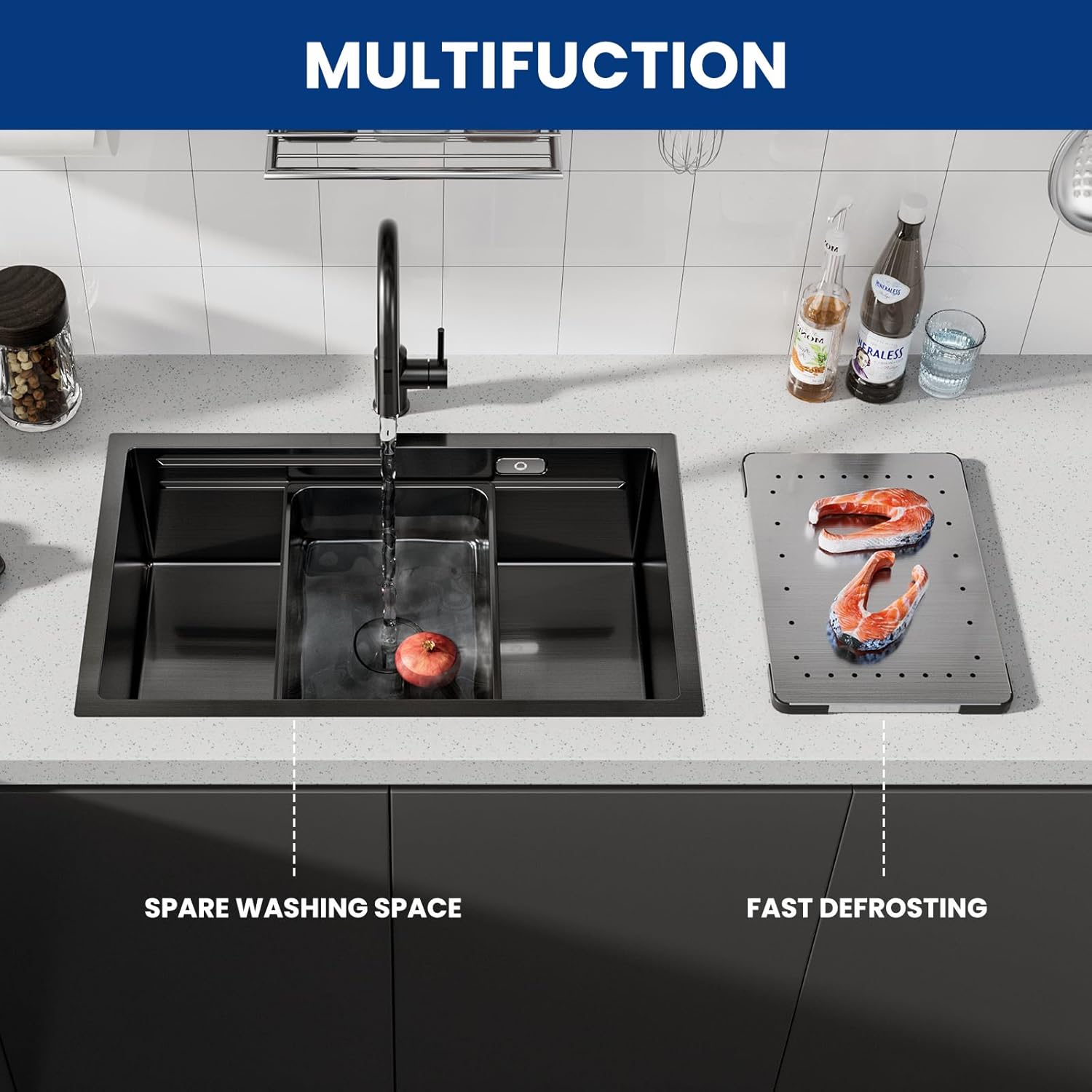 Thumbnail 4 de CECIPA Lavello nero 70 x 44 cm in acciaio inox con tagliere e accessori — set 3 in 1