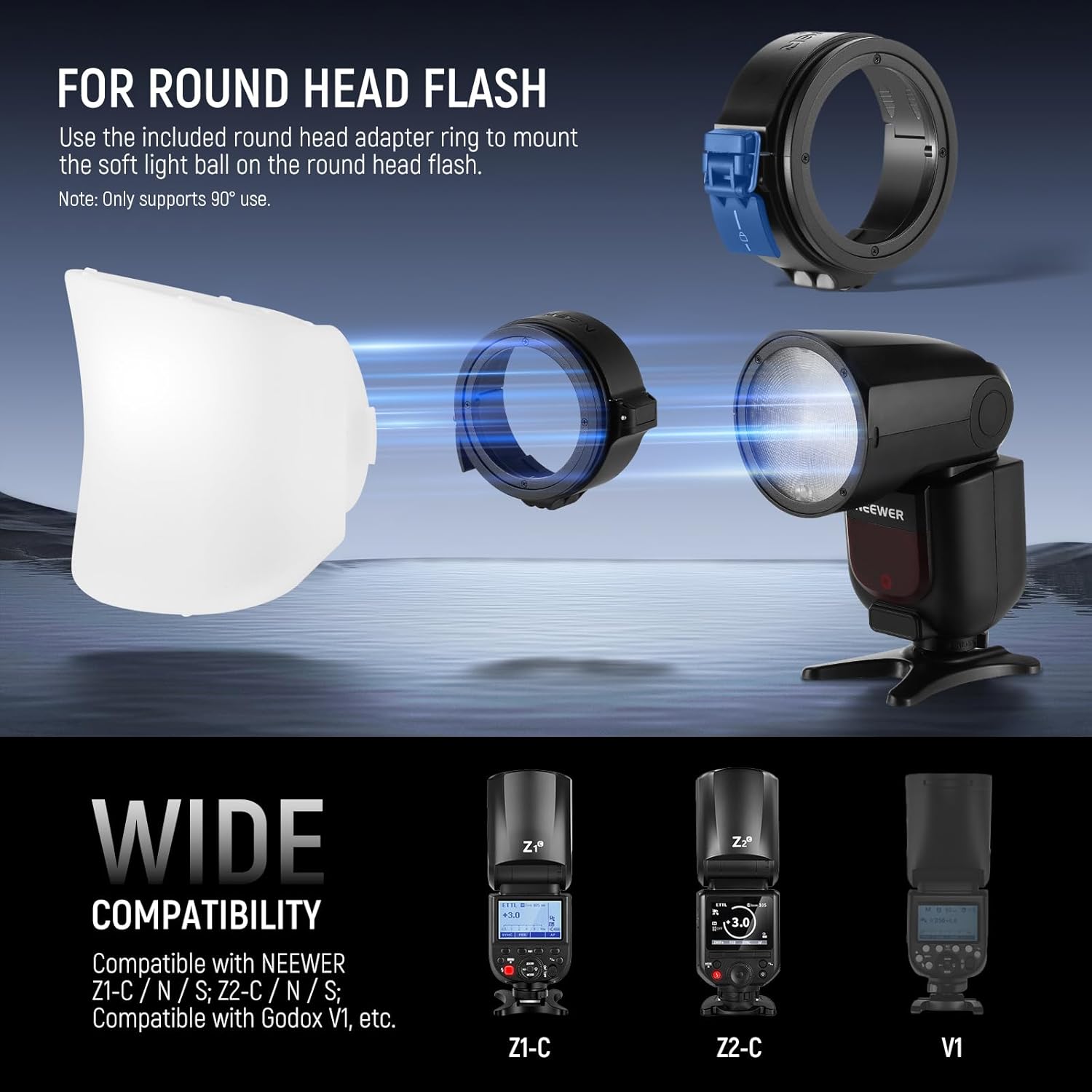 Detalle 2 de NEEWER CRS7 Softbox Diffusion Dome with 3 Adapter Rings for Godox V1/Z1/Z2 & Square Speedlites