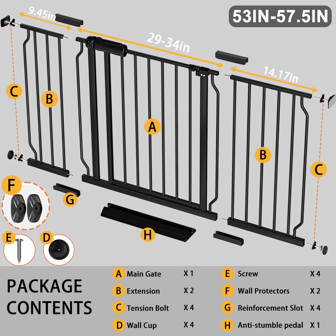 Detalle 2 de Fairy Baby W046Black Extra-Wide Baby Gate, 53–57.5-Inch Pressure-Mounted