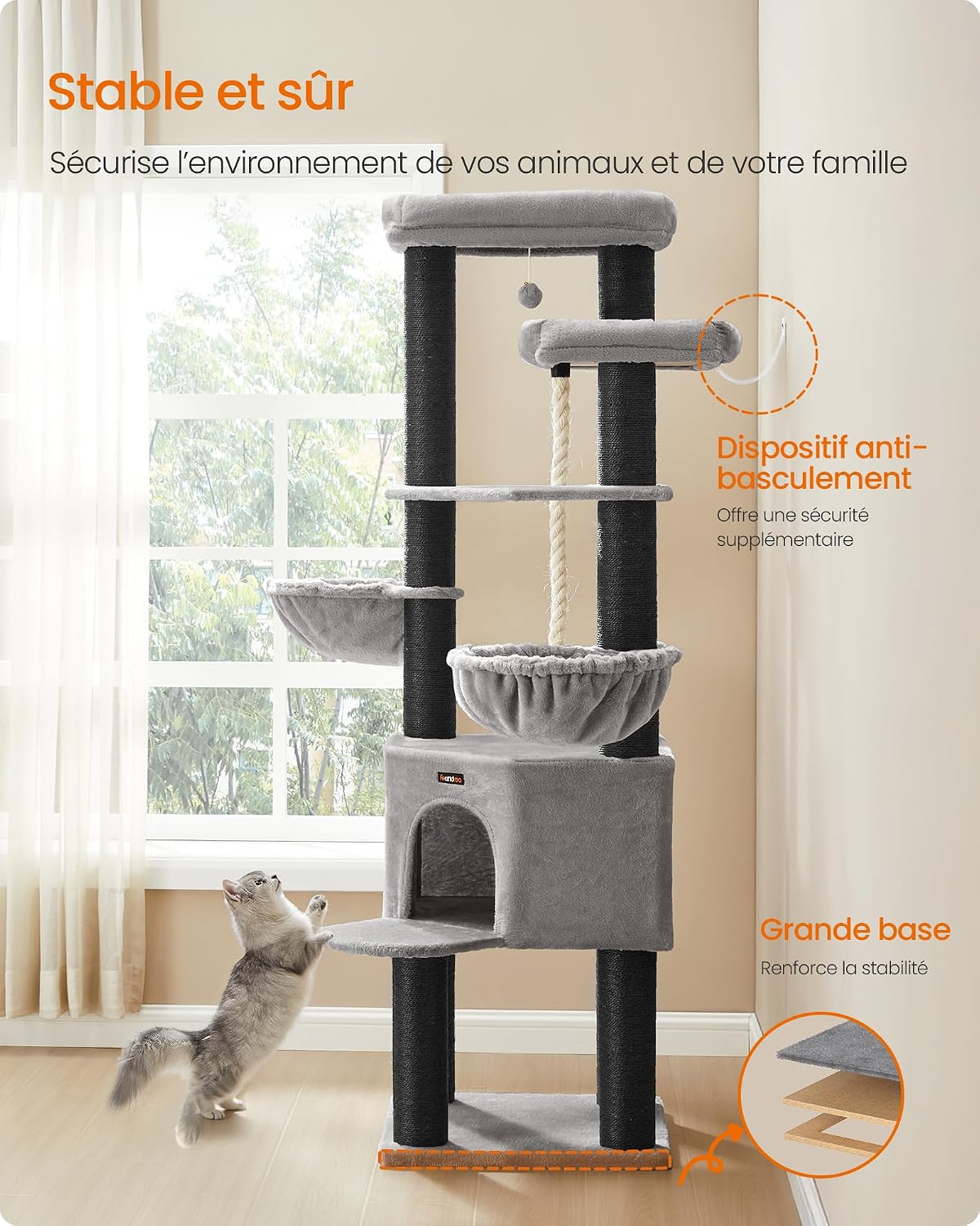 Detalle 2 de Feandrea Grand Arbre à Chat à 5 niveaux XXL PCT008G02 (tour de jeux en sisal)