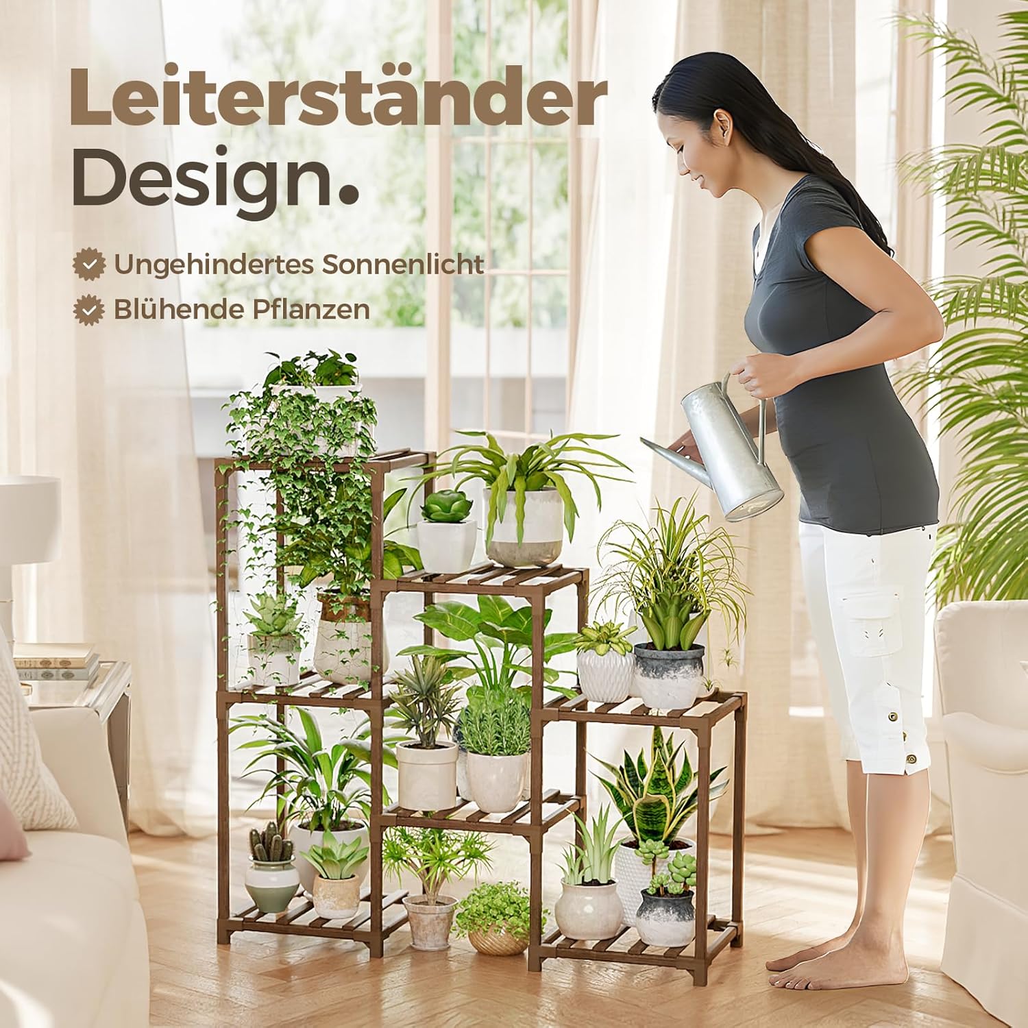 Detalle de Bamworld Pflanzenständer für 7 Etagen – Indoor & Outdoor Blumenregal mit Leiter-Design