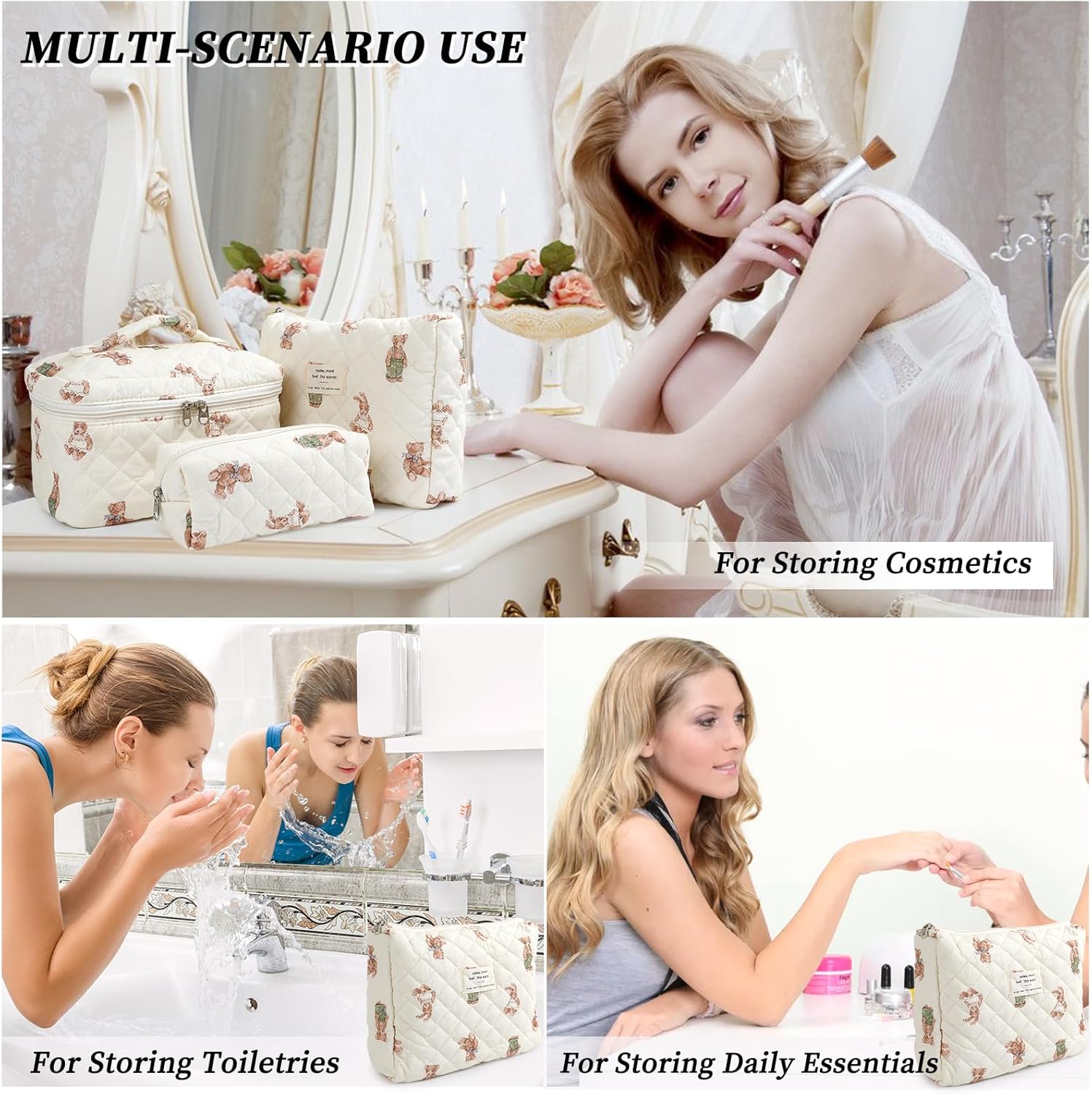 Thumbnail 3 de 3-Piece Quilted Floral Makeup Bag Set – Large, Medium and Small Cotton Cosmetic Pouches