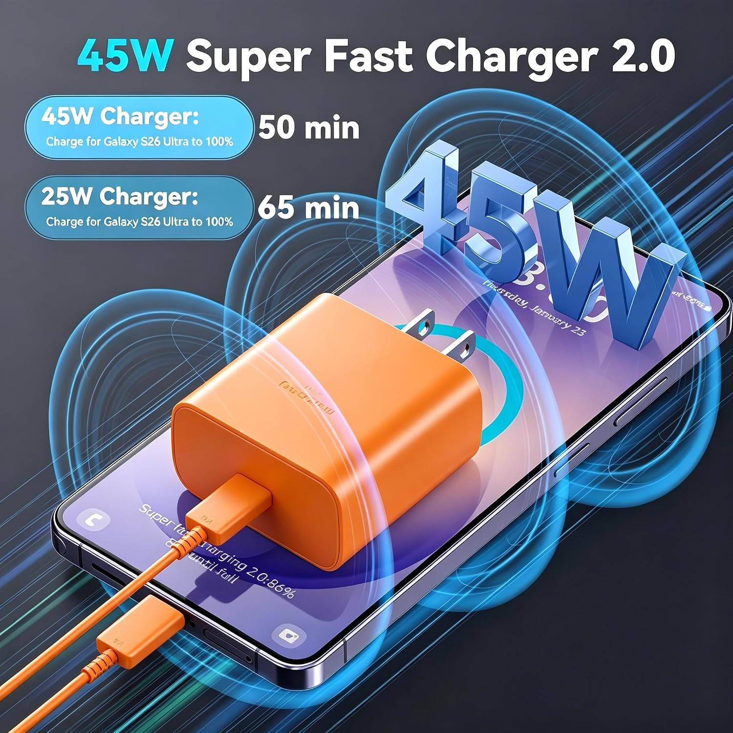 Thumbnail 1 de 45W Super Fast Charger USB C Android Phone Type C Charger Kit with 6.6ft Cable (Orange)
