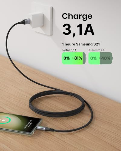 Detalle de Câble USB-C INIU Charge Rapide 3,1A – Lot de 3 (2m + 2m + 0,5m)