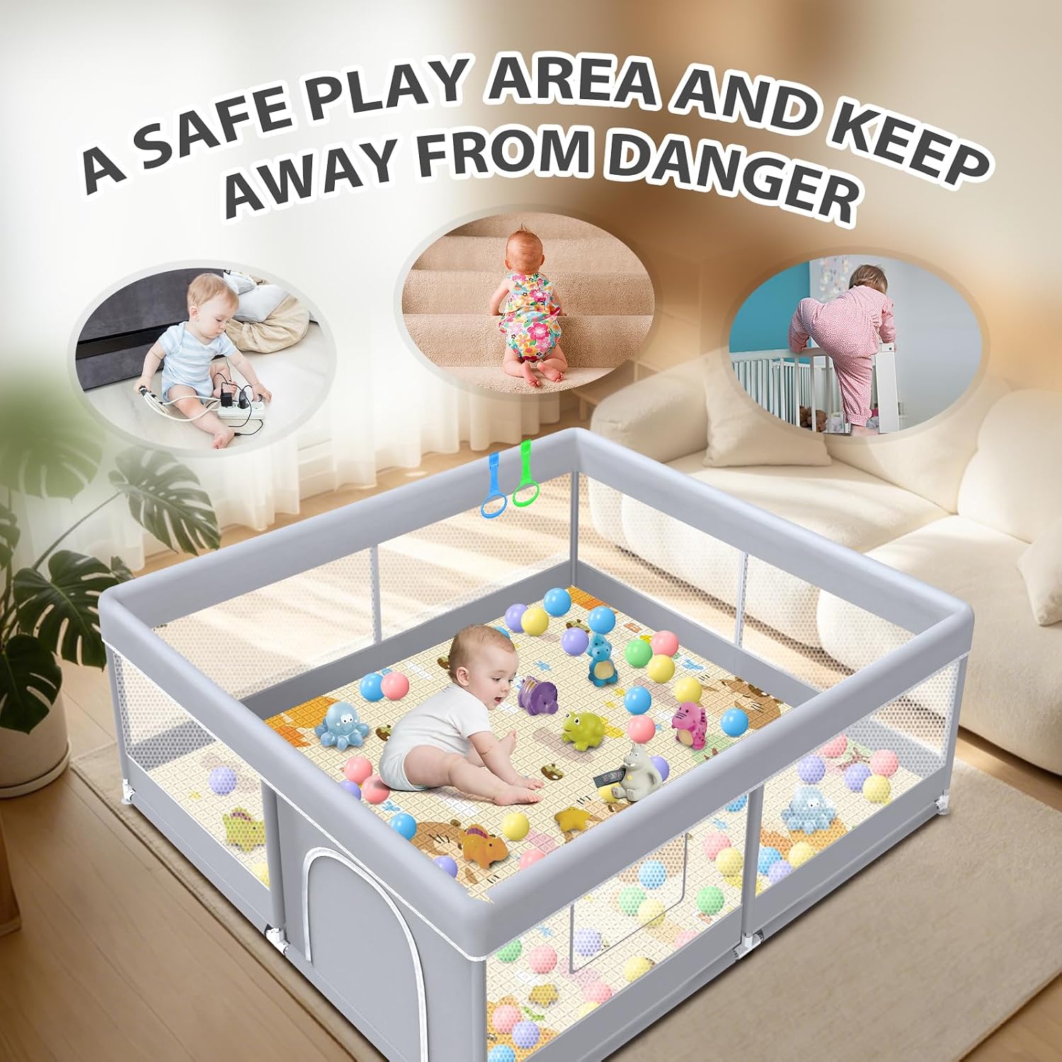 Thumbnail 5 de XVISHX 50 x 50 Inch Baby Playpen with Mat, Mesh Sides & 18 Balls