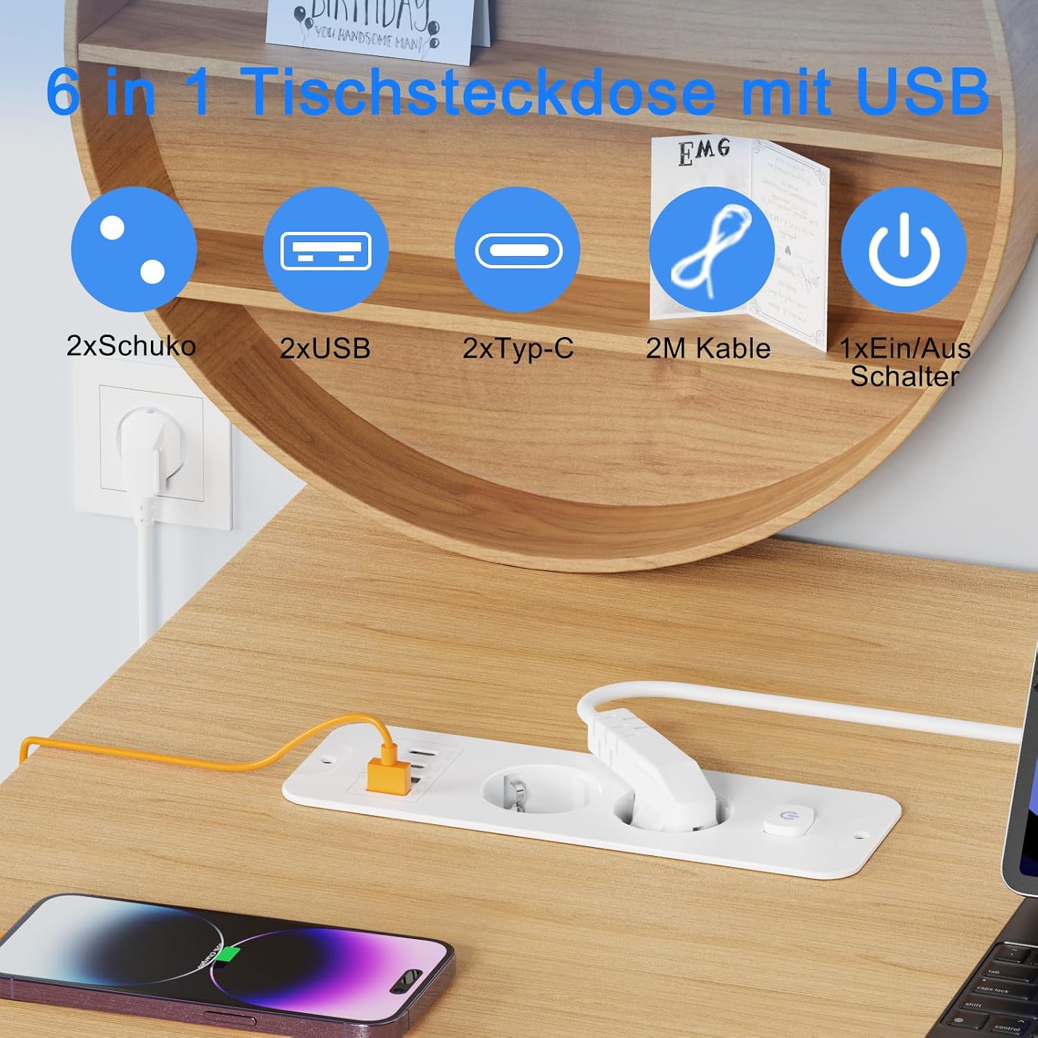 Detalle 2 de Versenkbare 2-Fach Steckdosenleiste mit USB: Einbausteckdose für Tischplatten mit 2 USB-C/2 USB-A inklusive 2 m Kabel