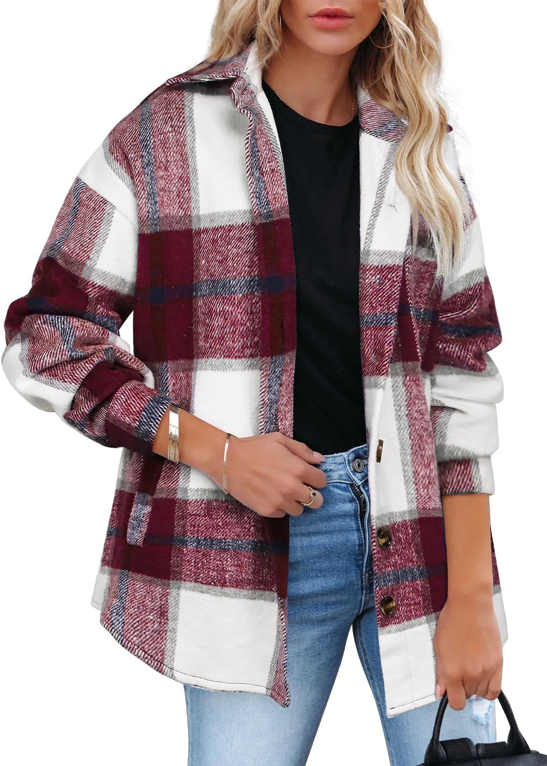 Detalle 2 de Beaully Women's Flannel Plaid Shacket, Brushed Polyester, Button-Down with Pockets
