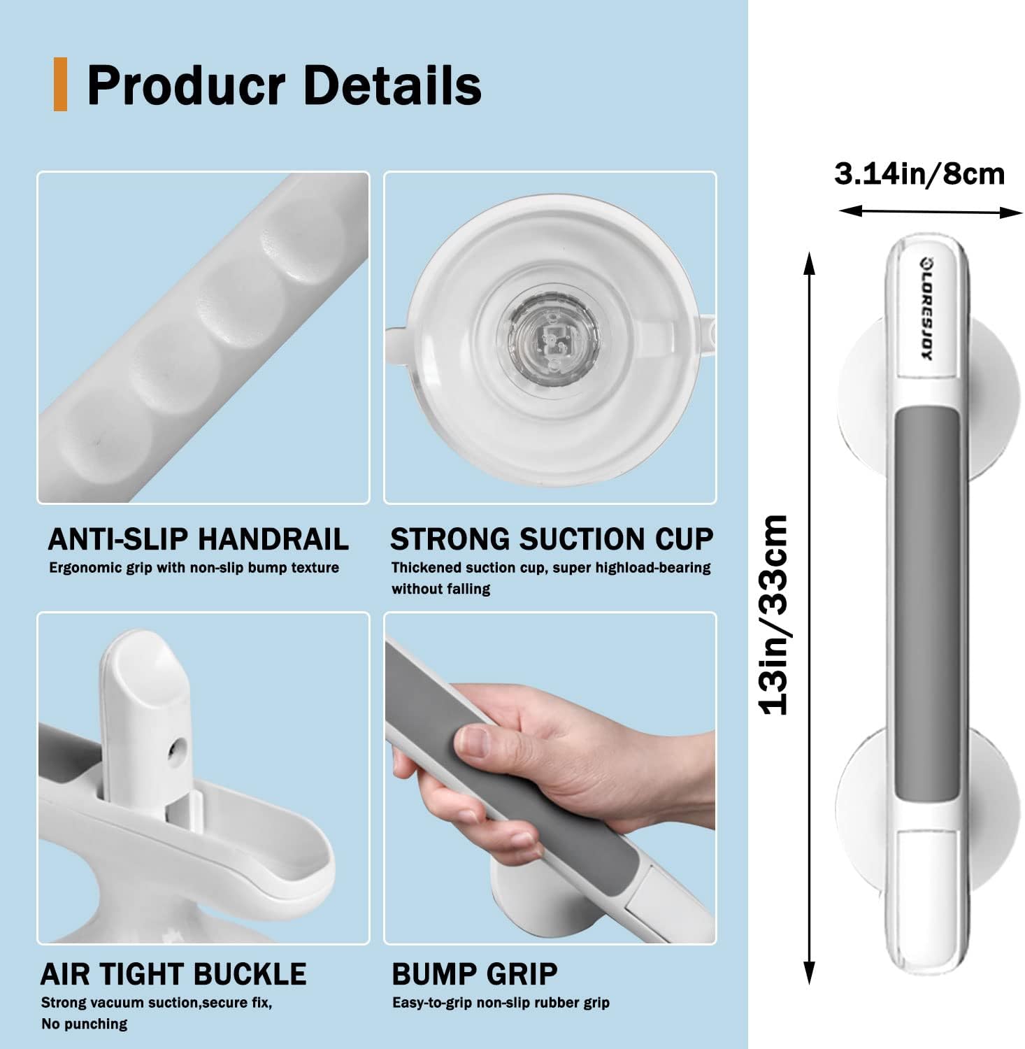 Thumbnail 4 de LORESJOY Duschgriff mit Saugnapf (2er-Set) bis max. 110 kg – abnehmbarer Haltegriff für Dusche & Badewanne ohne Bohren