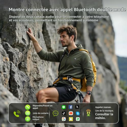 Detalle 2 de Soudorv Montre Connectée Homme avec LED Lampe — Militaire, 1000 mAh, Noir