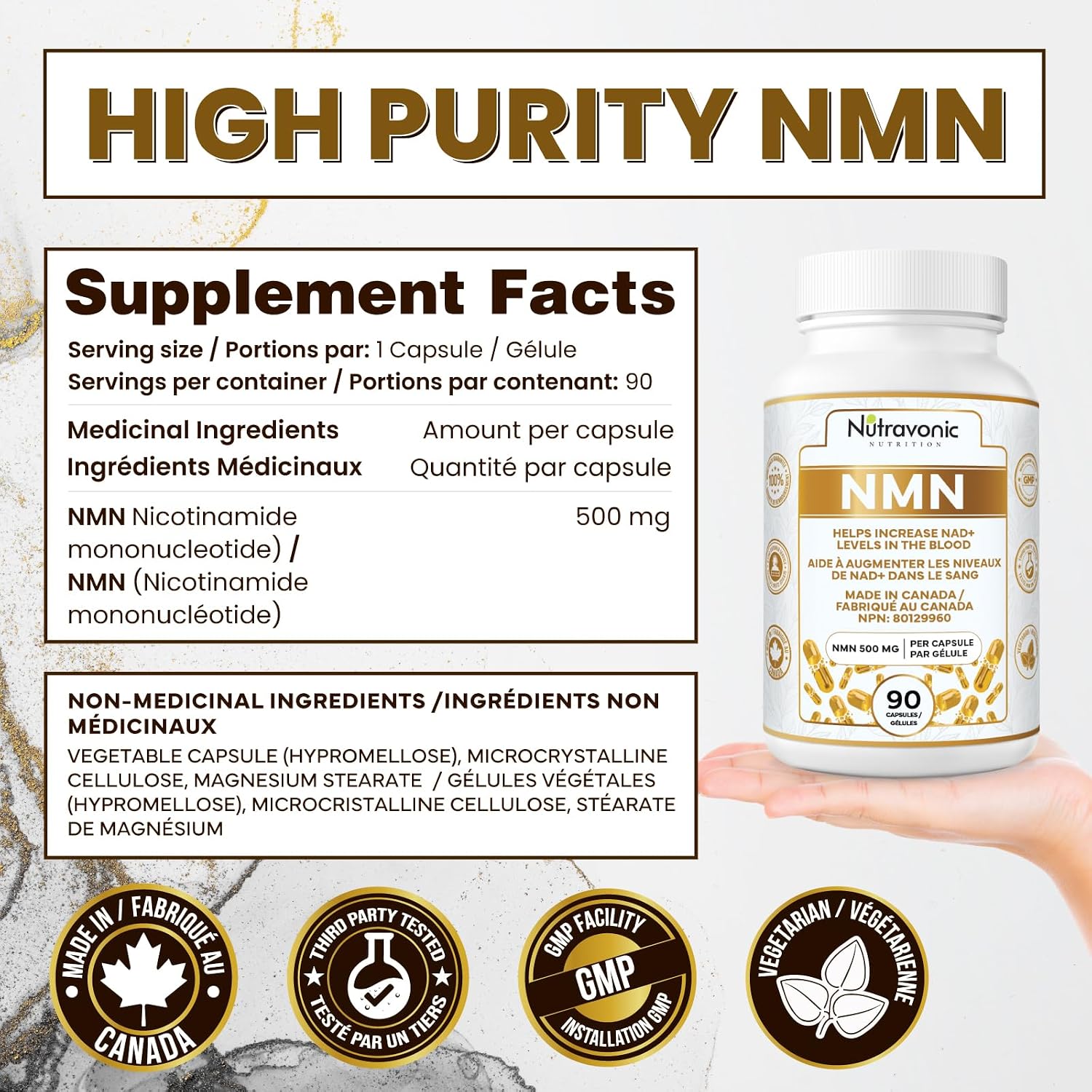 Detalle de Nutravonic Nutrition NMN 500 mg Capsules, 99%+ Pure, Vegan, 90 Count